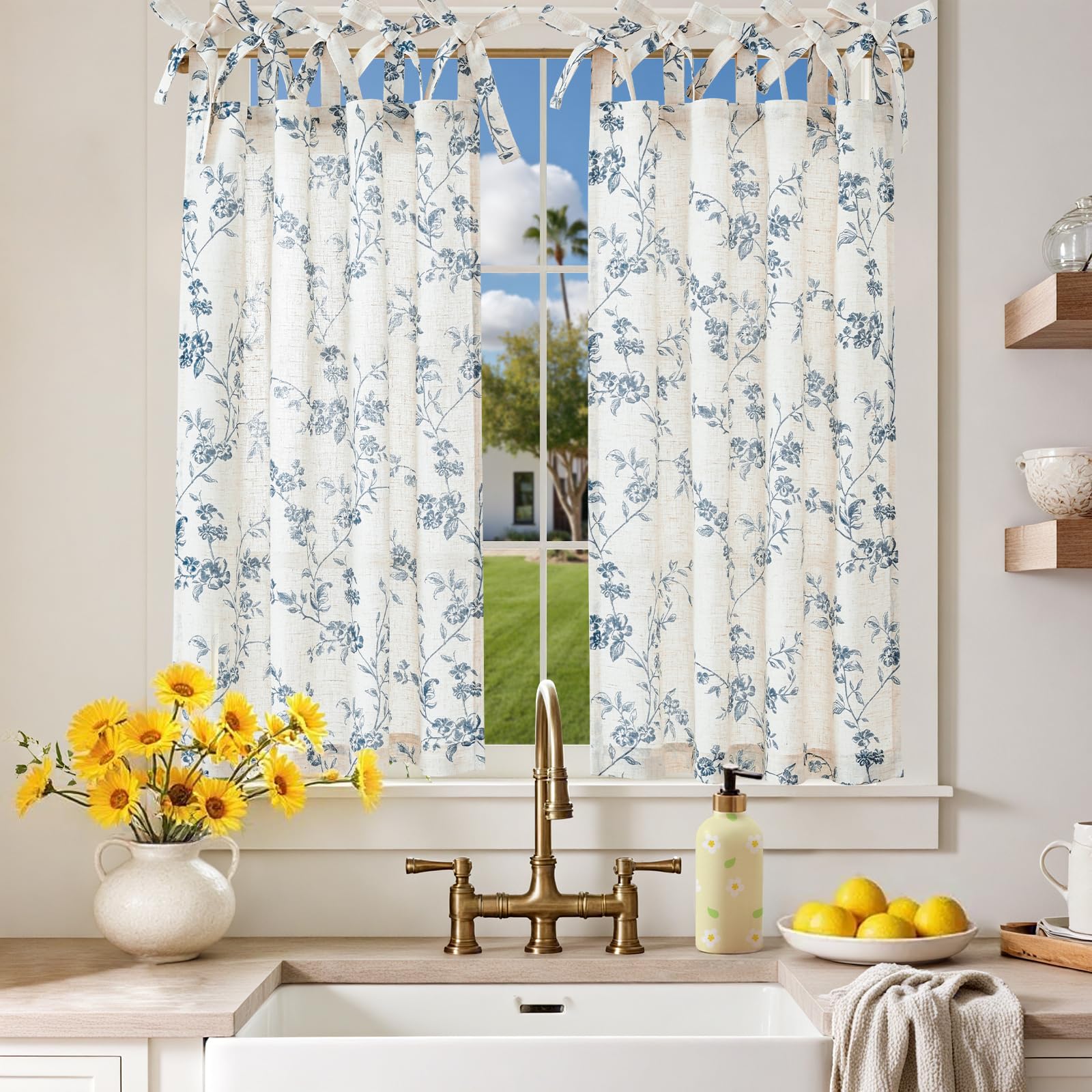 jinchan Floral Kitchen Curtains 36 Inch Linen Tier Curtains Farmhouse Cafe Half Window Drapes Over Sink Light Filtering Blue on 