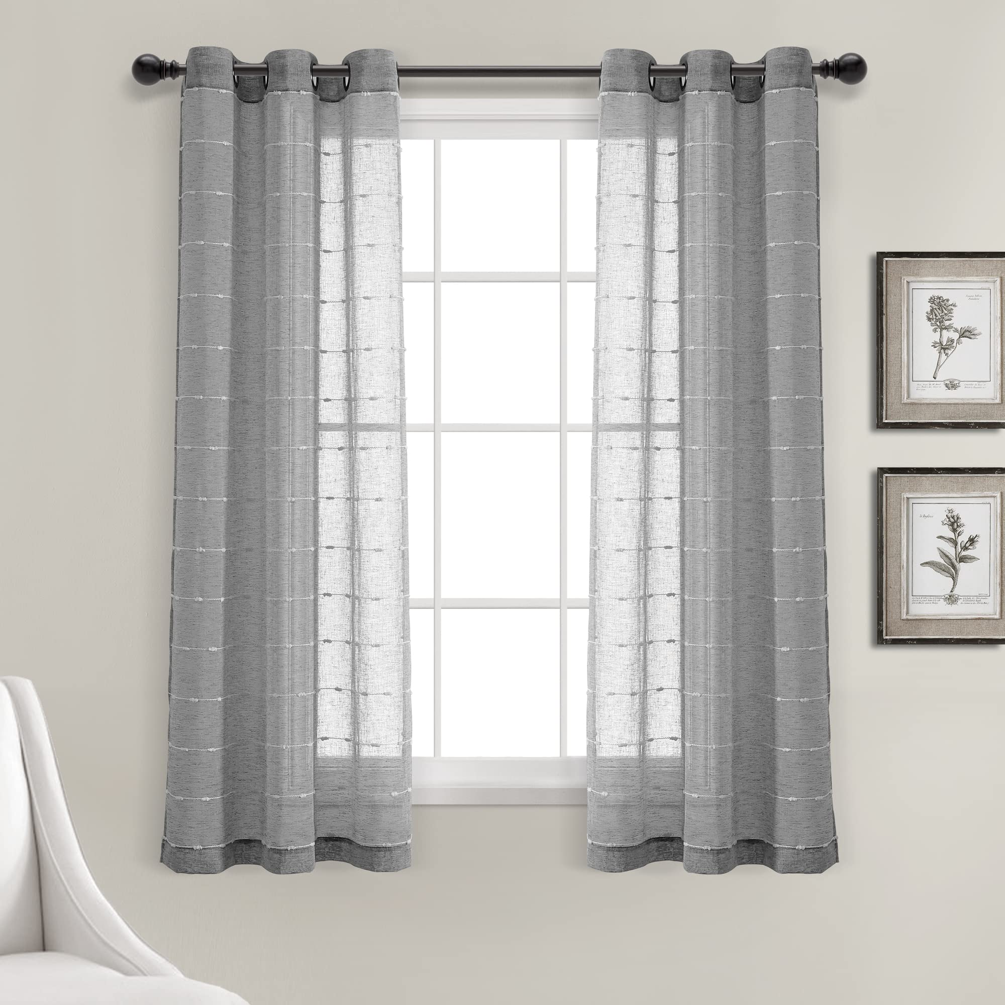 Lush Decor Farmhouse Textured Grommet Sheer Window Curtain Panel Pair, 38W x 63L, Dark Gray