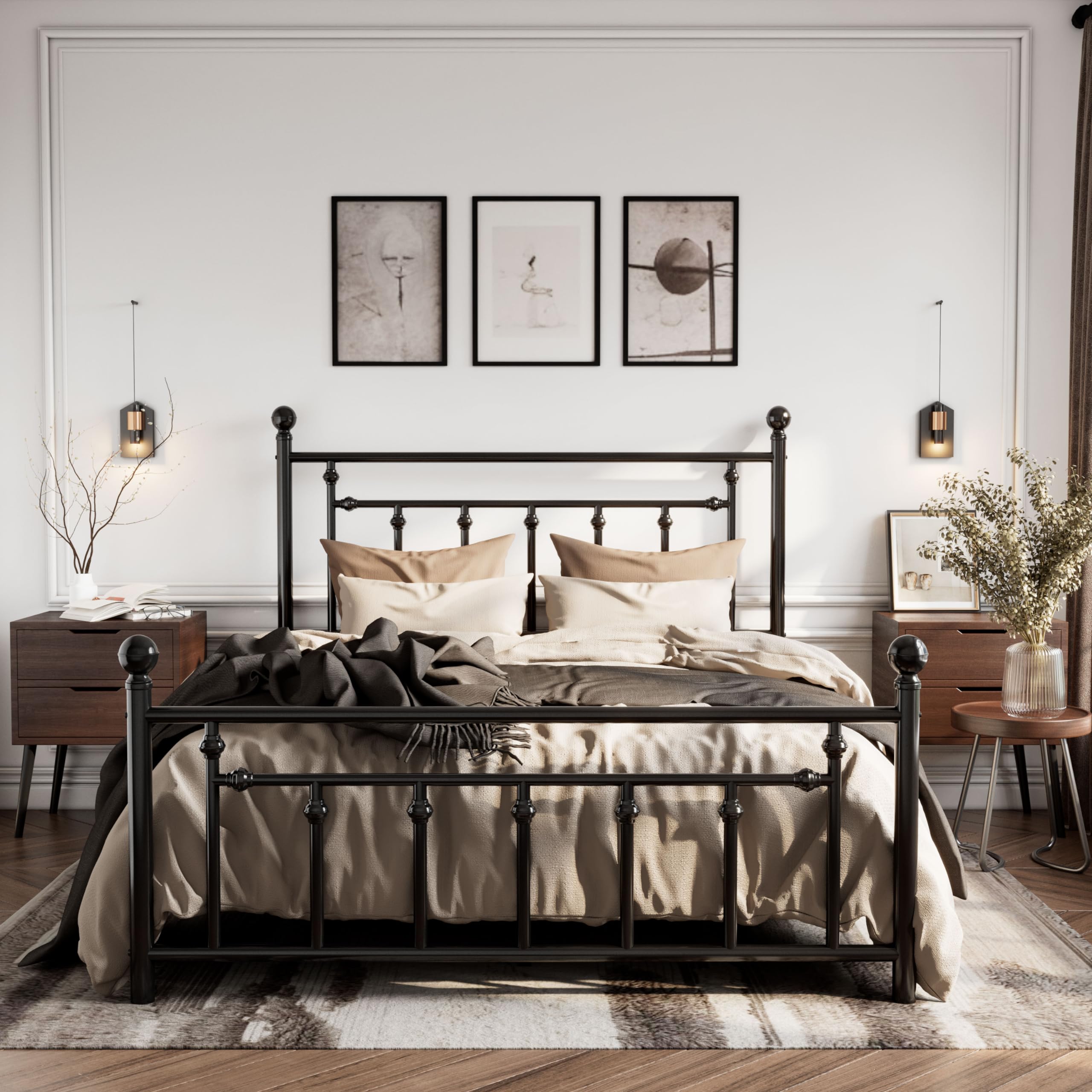 SHA CERLIN 14 Full Size Metal Platform Bed Frame/Victorian Headboard and Footboard/Steel Slats Mattress Foundation for Storage
