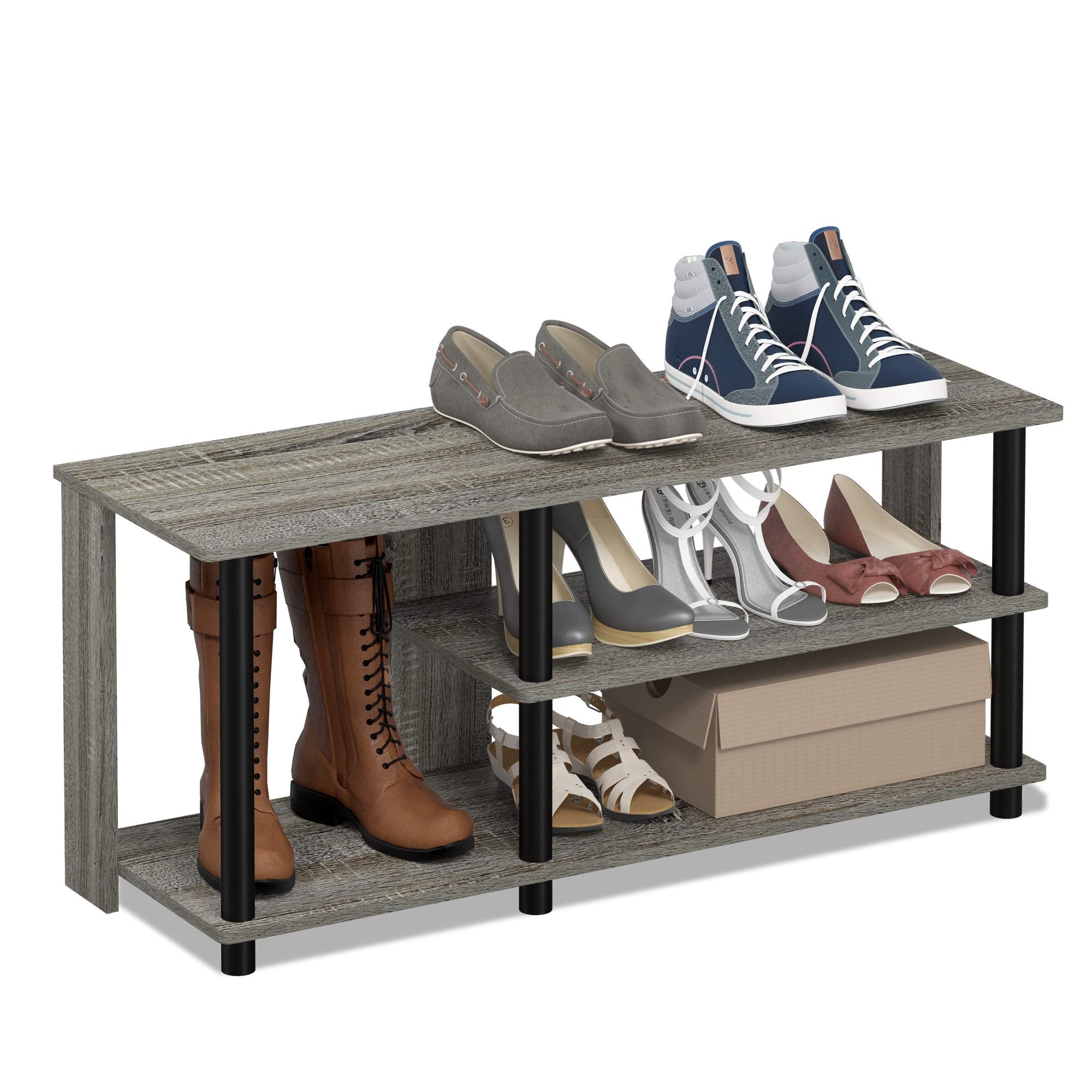 Furinno Turn-N-Tube Compact Multi Storage Shoe Rack, 35.2W 3-Tier, French Oak Grey/Black