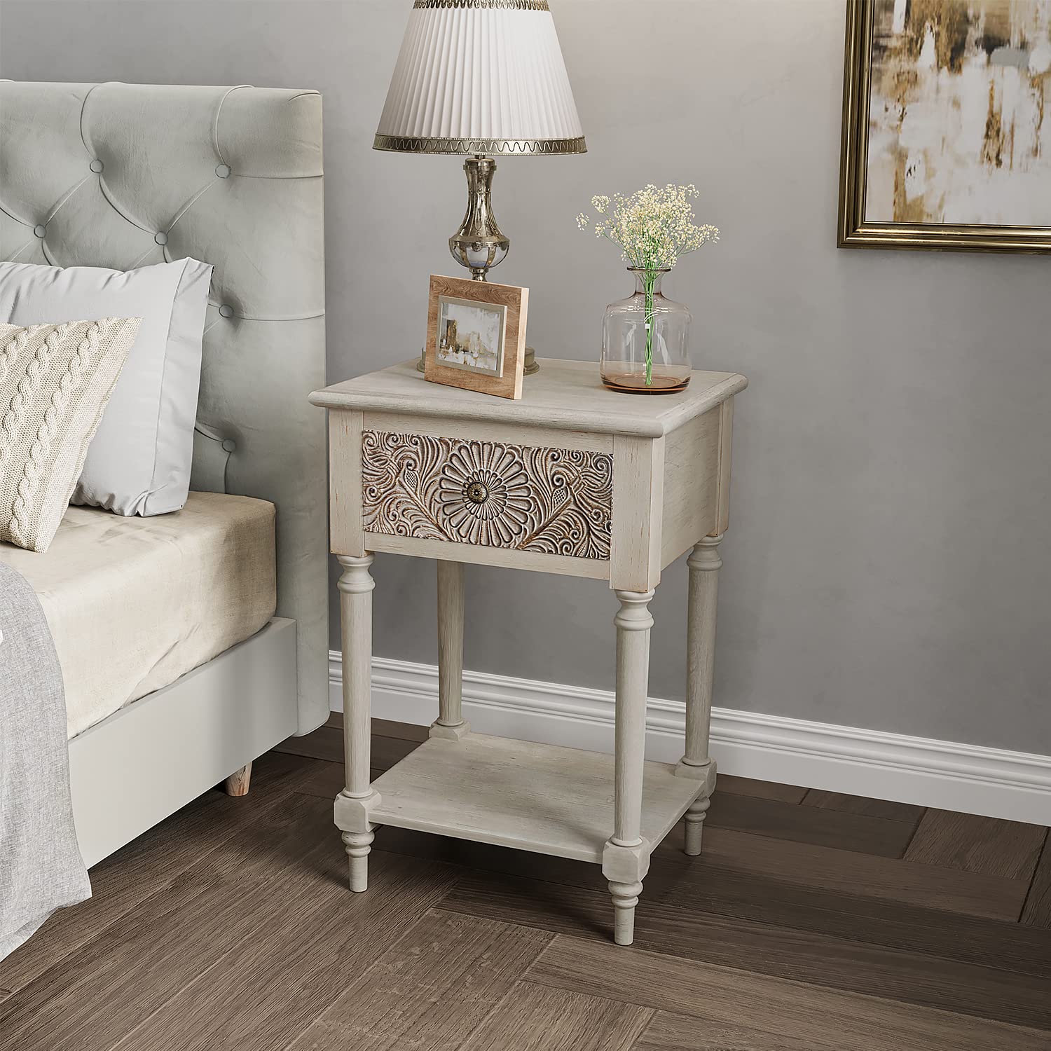 COSIEST Vintage Nightstand, MDF 2-Tier Bedside Table, Wood Accent End Table with Storage Drawer and Open Display Shelf for Bedro
