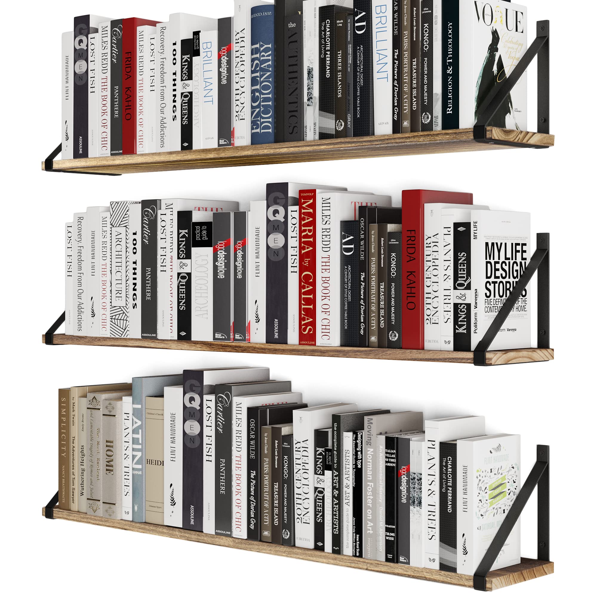 Wallniture Bora 36 Inch Large Floating Shelves for Wall Storage, Floating Bookshelf Set of 3, Burned Wood Wall Shelves for Books