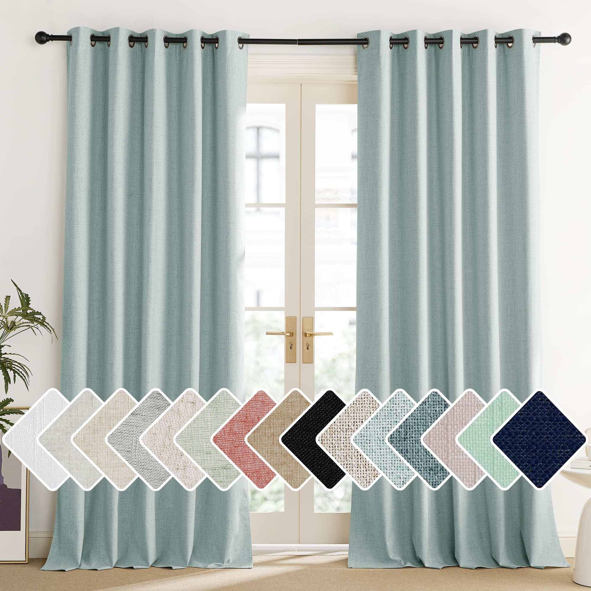 NICETOWN 100% Absolutely Blackout Linen Curtains with Thermal Insulated Liner, Seafoam Green, 62 Wide, 95 Length Energy Saving C