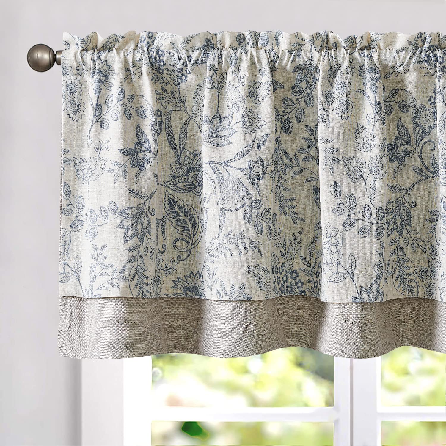 Vangao Farmhouse Linen Blend Valance Curtain for Kitchen Floral Rustic Double Layer Blackout Rod Pocket Window Topper Treatment 