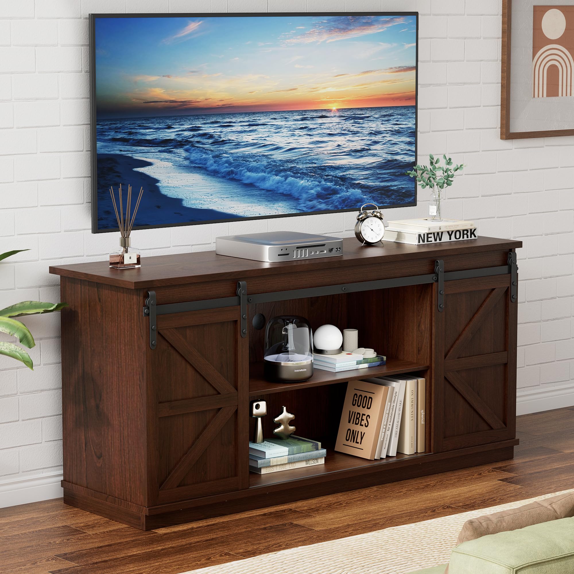 YESHOMY TV Stand for Televisions up to 65 Inches, with Sliding Barn Doors and Storage Cabinets, Console Table and Media Furnitur