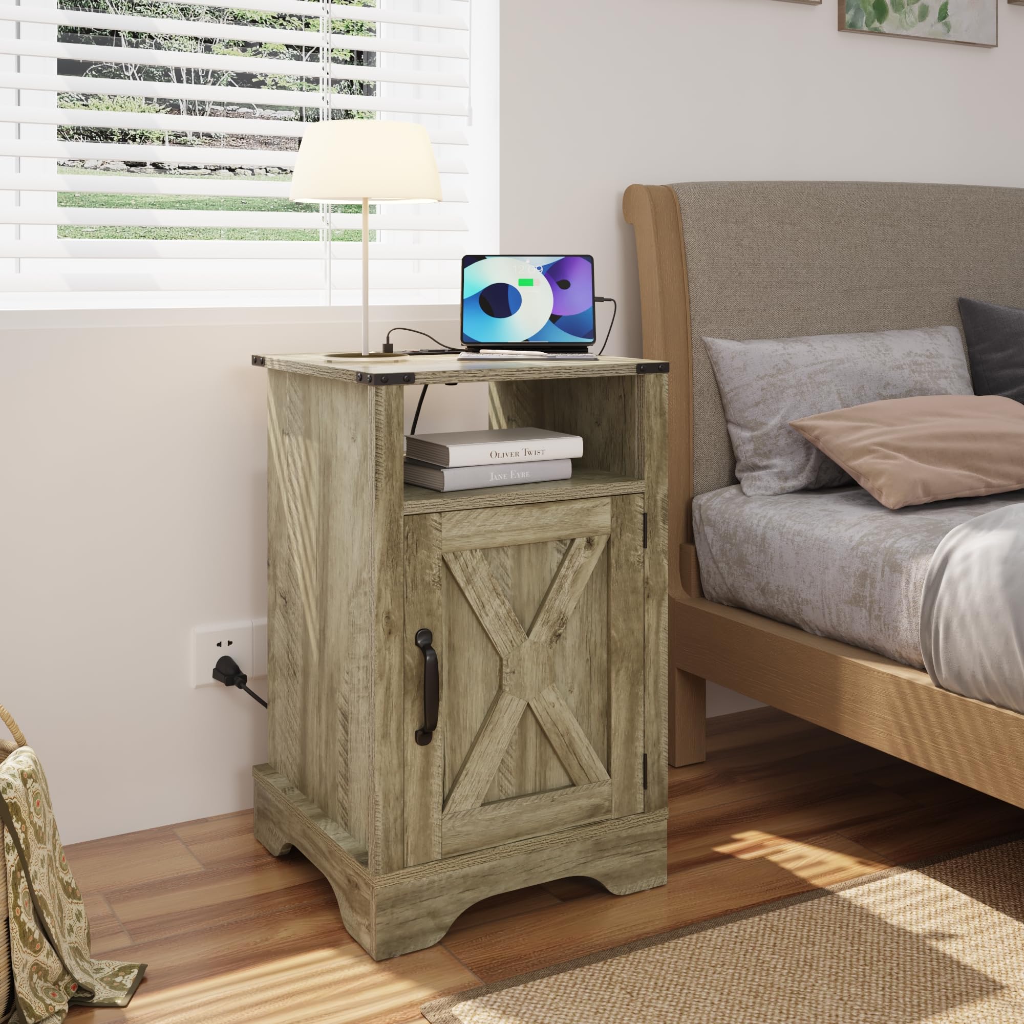 Fansafurn Farmhouse Nightstand with Charging Station Wooden Rustic End Table for Bedroom, Living Room, 16 D x 16 W x 25 H(Set of