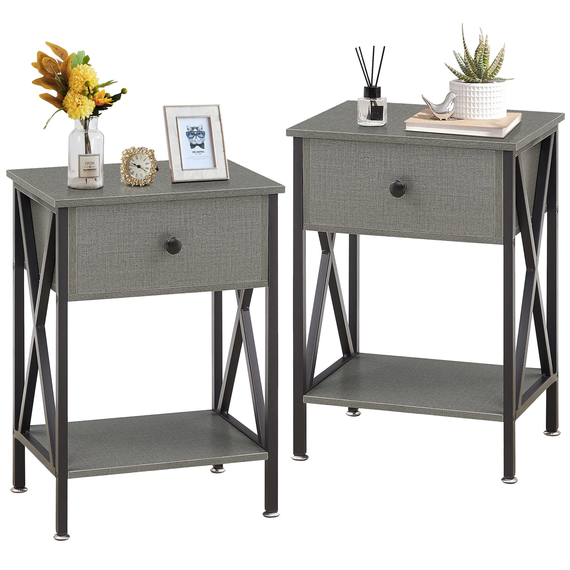 VECELO Nightstand,Side End Table with Drawer,Storage Shelf for Living Room Bedroom,Modern style,Set of 2, Hemp Gray