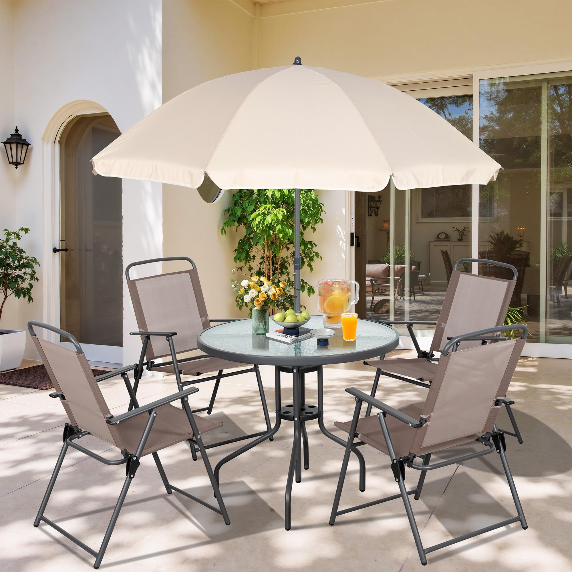 Vongrasig 6 Pieces Folding Patio Dining Set, All Weather Small Metal Outdoor Table and Chairs Set, Patio Furniture Set w/Umbrell