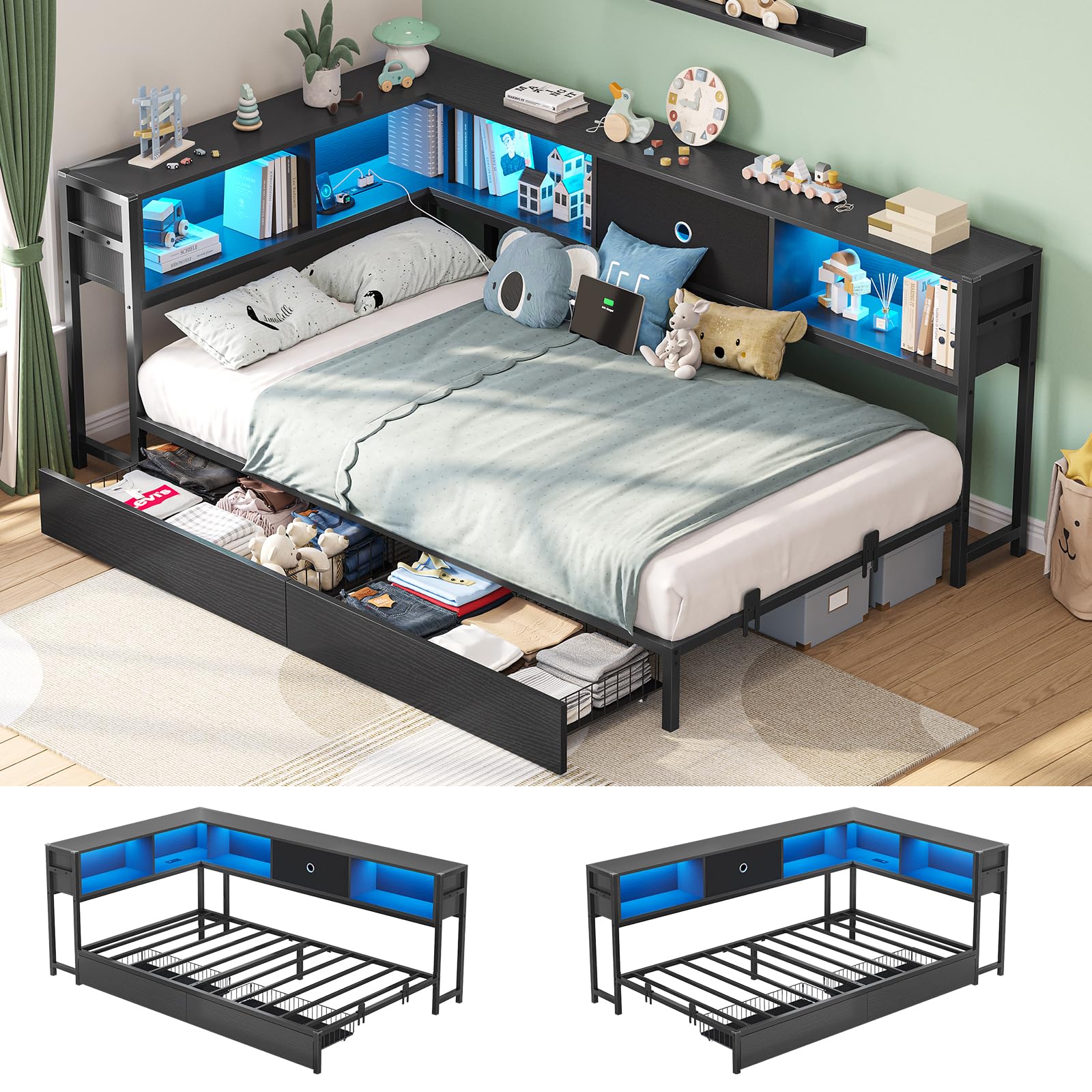 Hasuit Corner Bed Frame with Storage Bookcase, Twin XL Daybed with Storage Drawers Underneath, Kids Bed Unit with Charging Stati