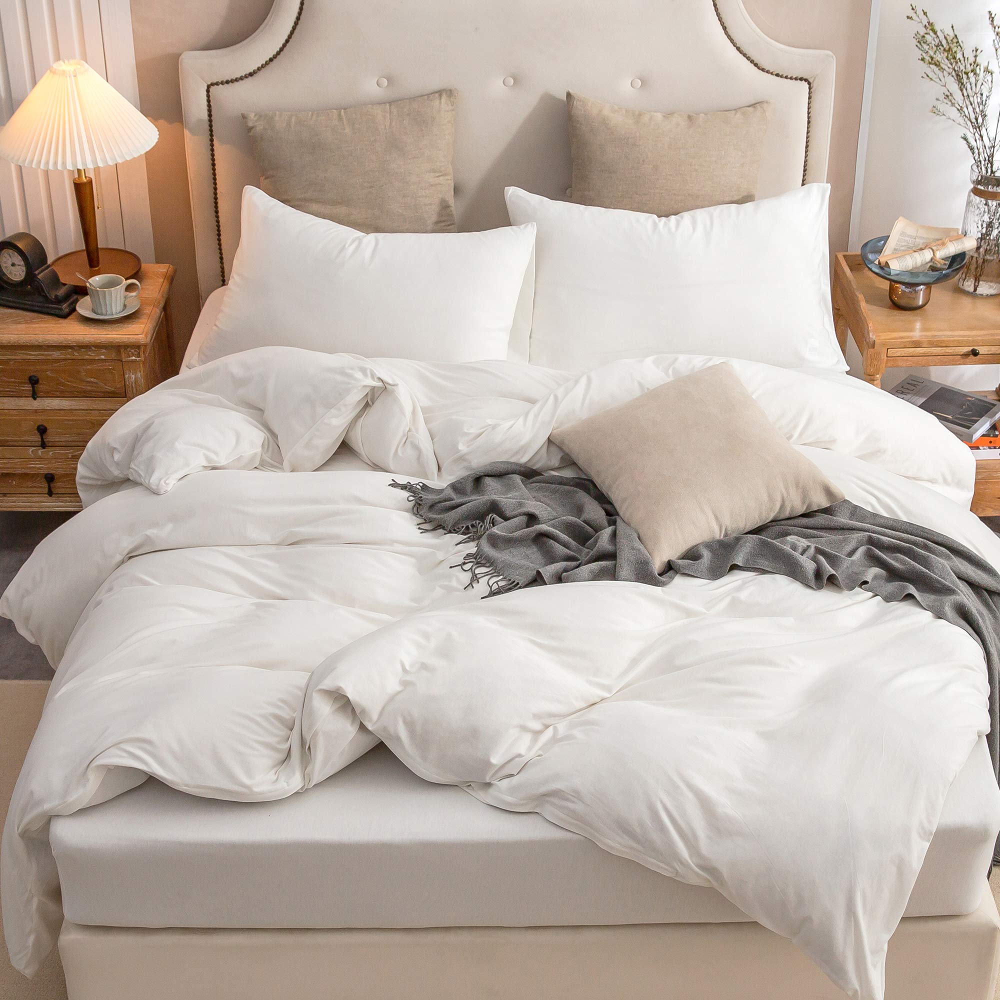 PURE ERA Jersey Knit Duvet Cover Set 100% T-Shirt Cotton Super Soft Comfy 3pc Bedding Set with Zipper Closure (Solid Off White, 