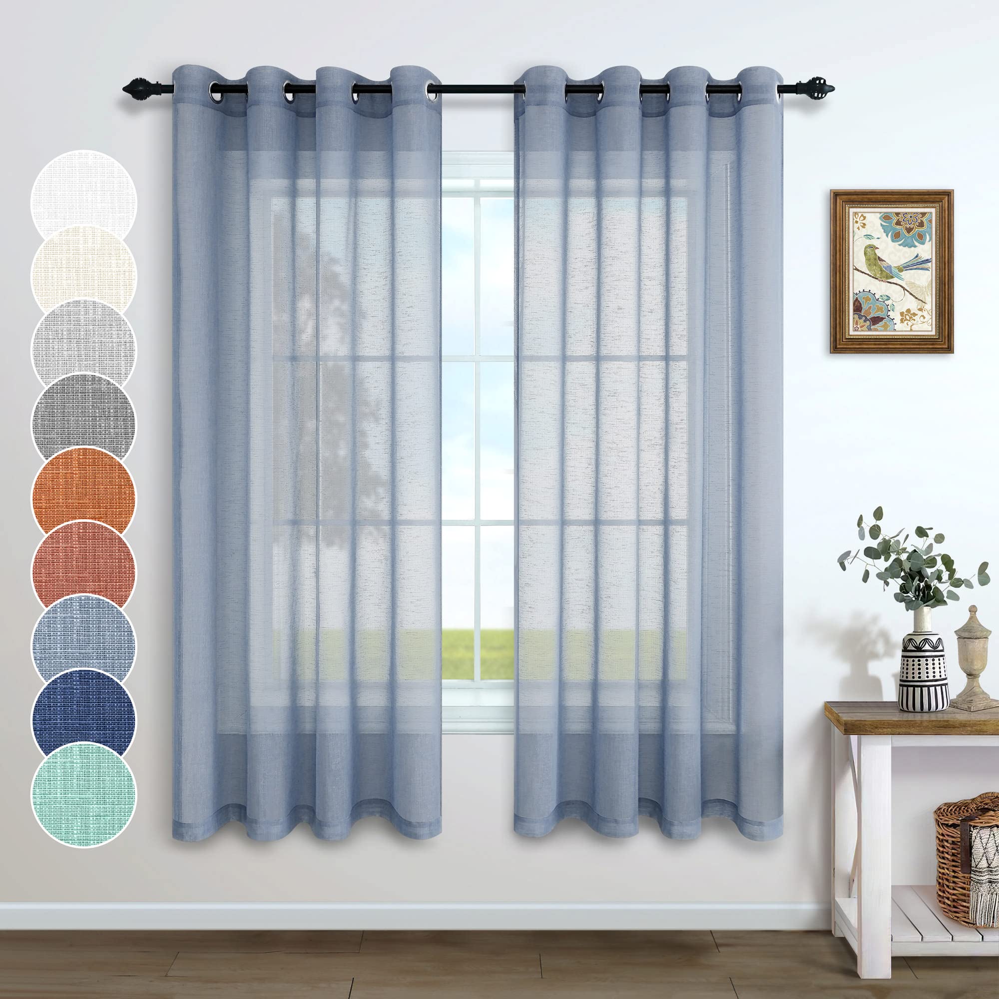 Pitalk Dusty Blue Curtains 72 Inch Length for Bedroom 2 Panel Sets Silver Grommet Top Faux Linen Textured Lightweight Sheer Blue