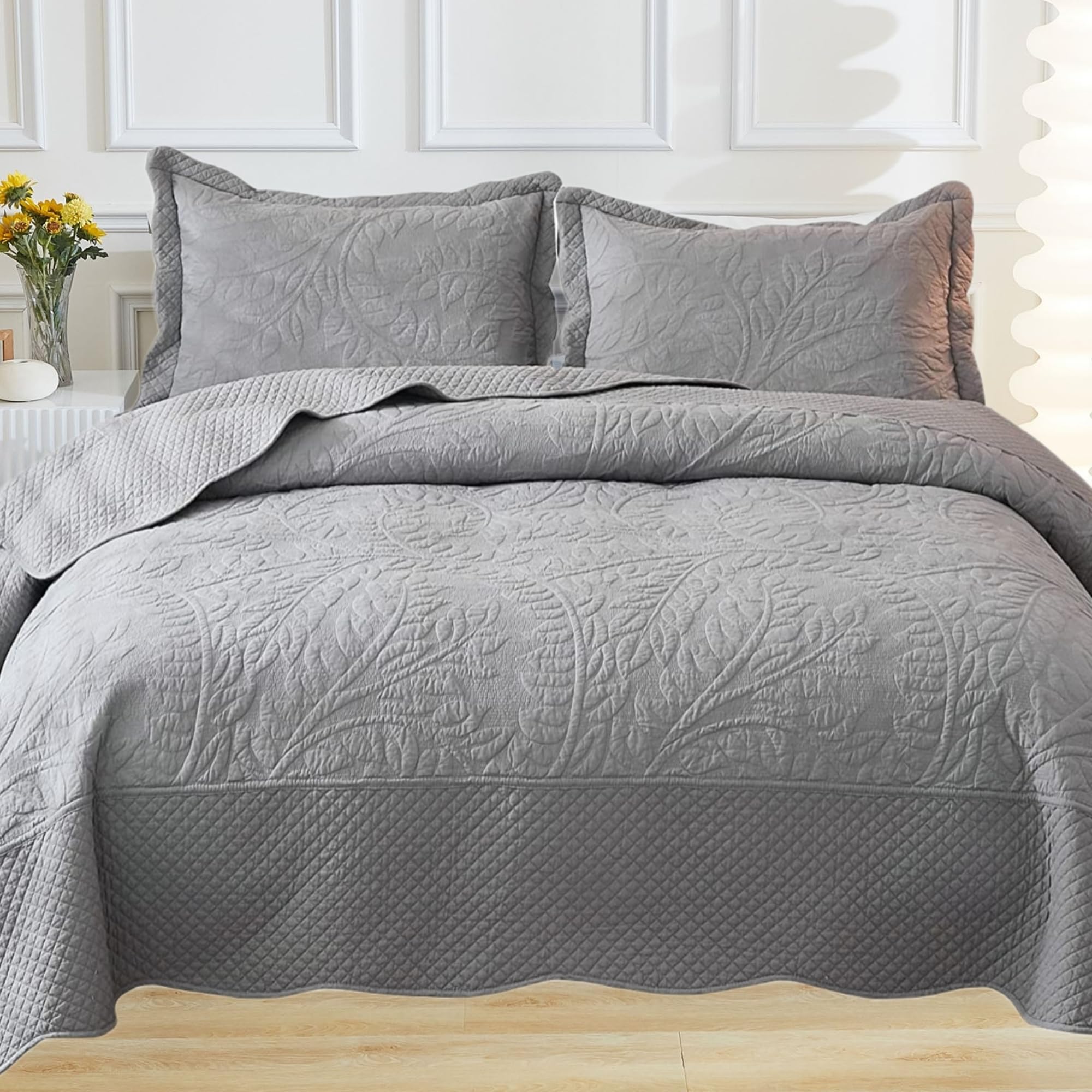 MarCielo 3-Piece 100% Cotton Oversized Bedspread Lightweight Quilt Coverlet Embroidery Farmhouse Bedding Set T0 (Light Grey, Ove