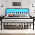 Fluest King Bed Frame Classic Metal Platform Bed Frame with Charging Station & LED, Victorian Style Iron-Art Headboard/Footboard