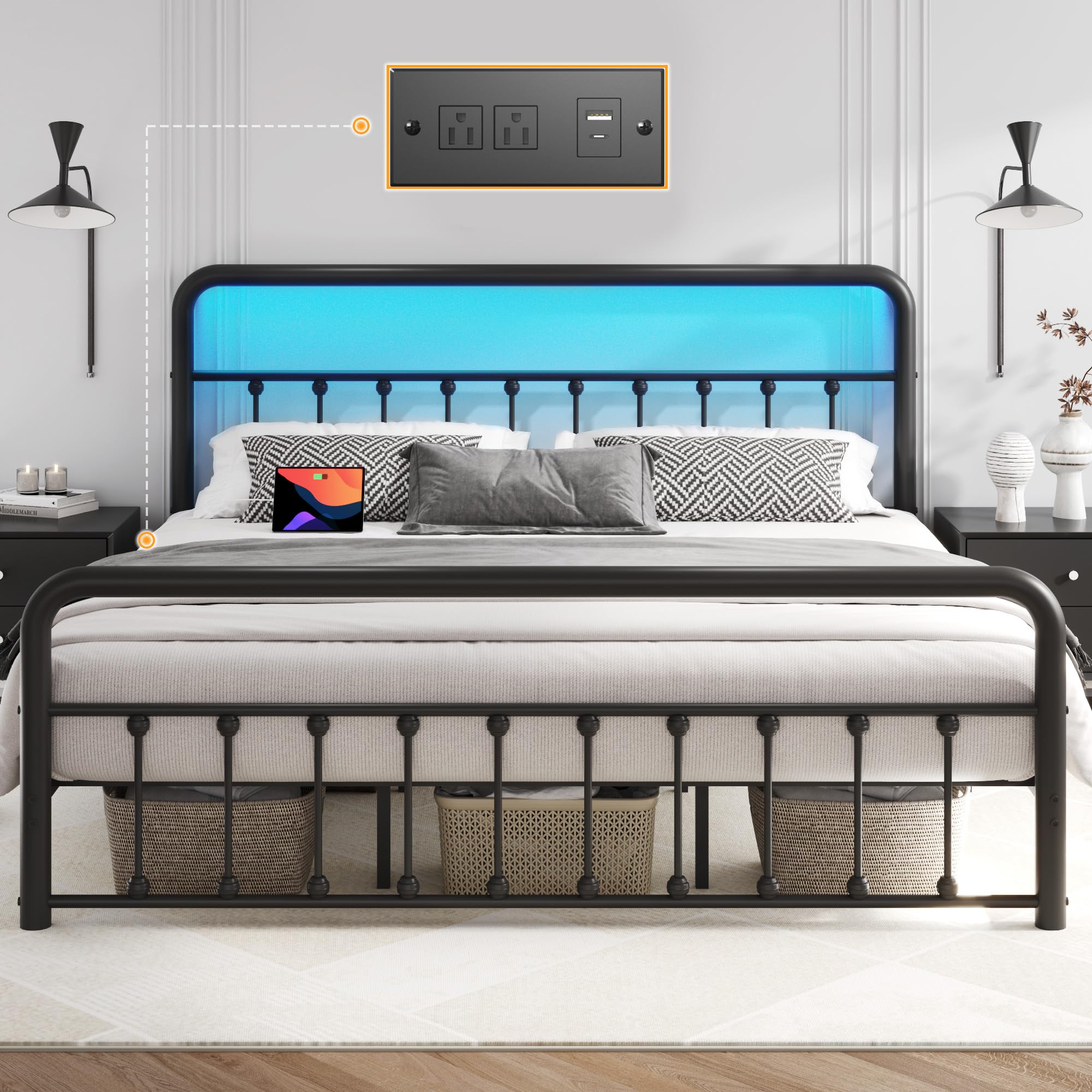 Fluest King Bed Frame Classic Metal Platform Bed Frame with Charging Station & LED, Victorian Style Iron-Art Headboard/Footboard