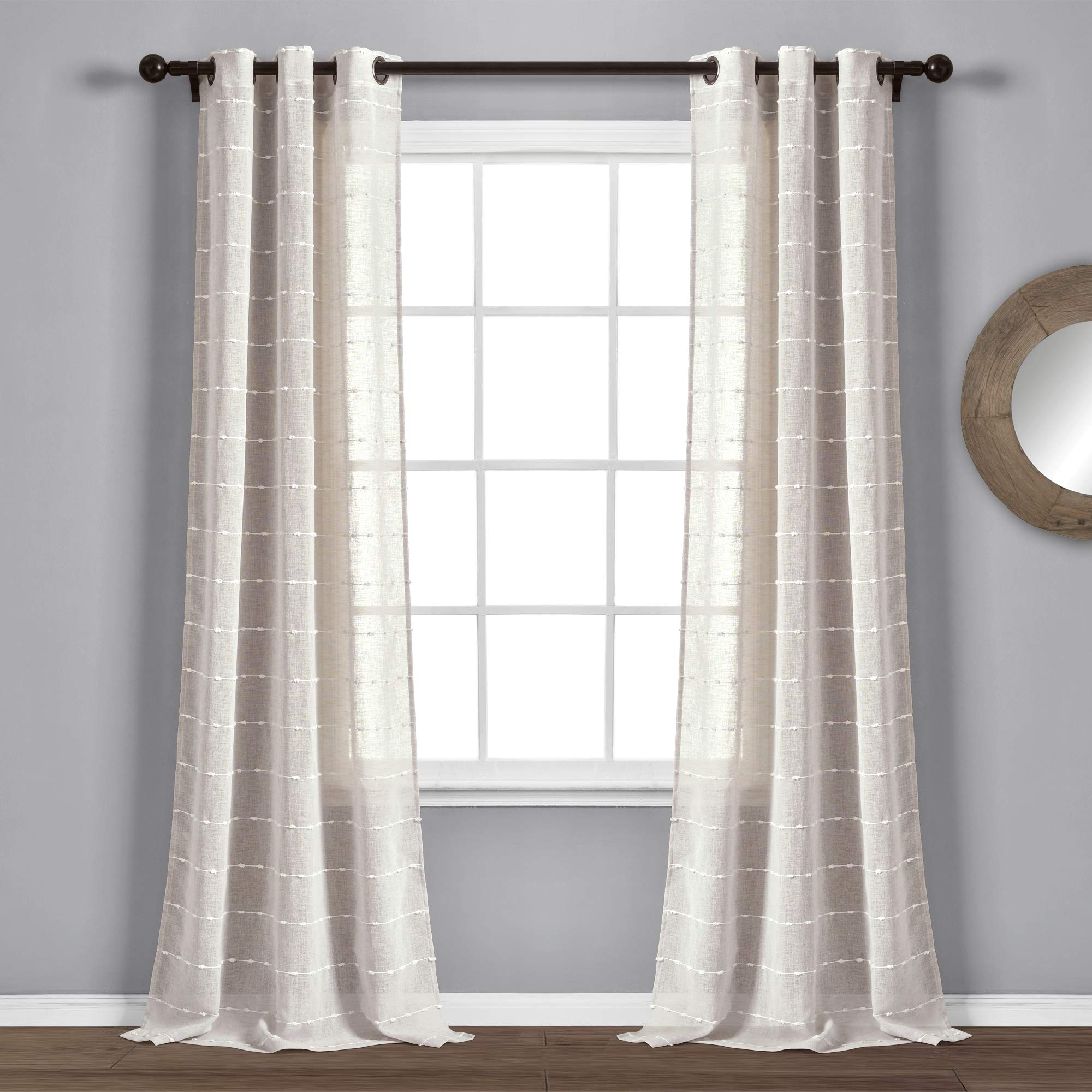 Lush Decor Farmhouse Textured Grommet Sheer Window Curtain Panel Pair, 38W x 95L, Beige