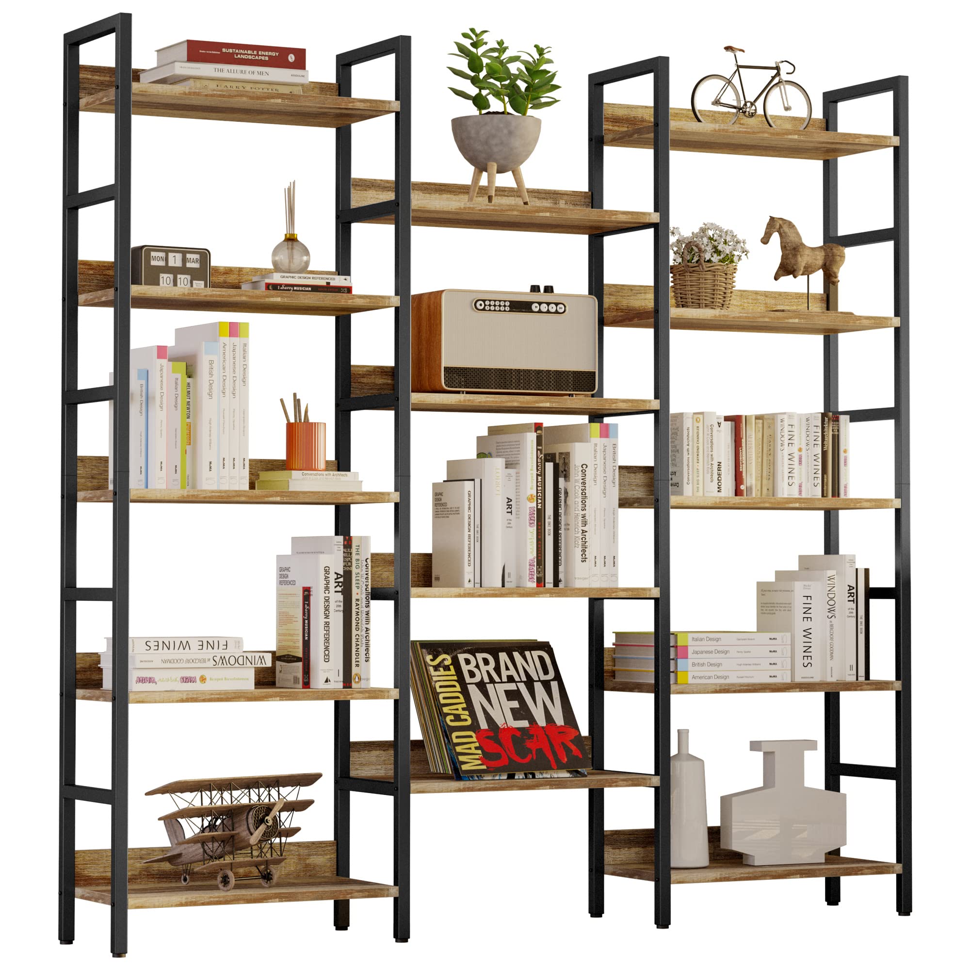 IRONCK Bookcases and Bookshelves Triple Wide 5 Tiers Industrial Bookshelf with Baffles Large Etagere Bookshelf with Metal Frame 