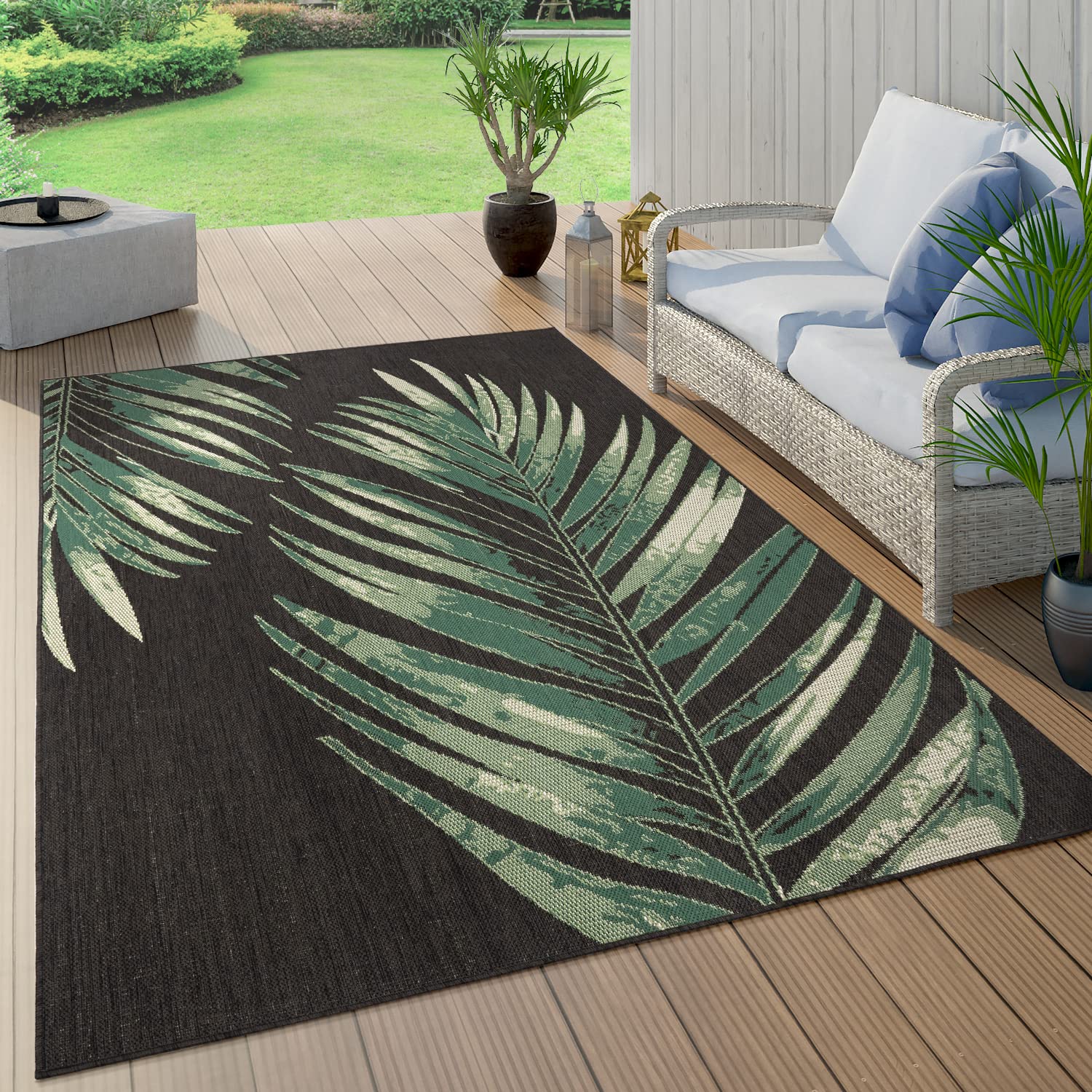 Outdoor Rug Black Green with Floral Palm Leaf Design Waterproof, Size: 47 x 67