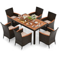Tangkula 7 Pieces Outdoor Wicker Dining Set, Patio Dining Furniture Set with Acacia Wood Table and 6 Stackable Chairs, Outdoor T