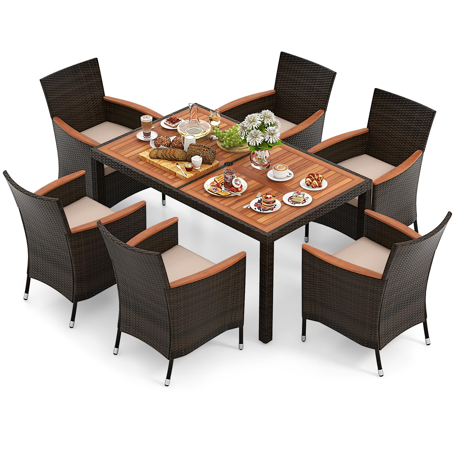 Tangkula 7 Pieces Outdoor Wicker Dining Set, Patio Dining Furniture Set with Acacia Wood Table and 6 Stackable Chairs, Outdoor T