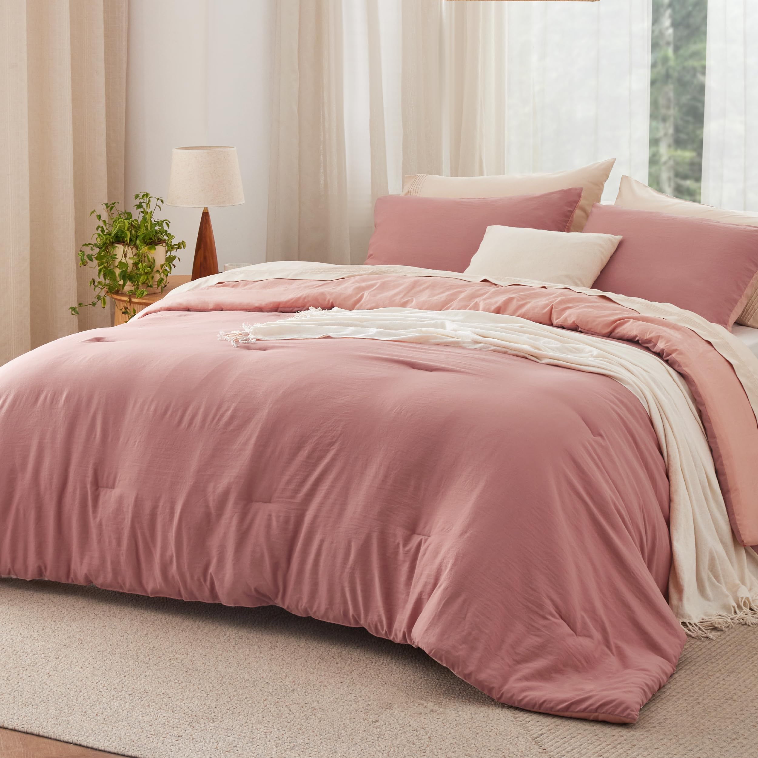 Bedsure Full Size Comforter Set, Reversible Pink Clay Soft Prewashed Bedding for All Seasons, 3 Pieces Warm Down Alternative Bed