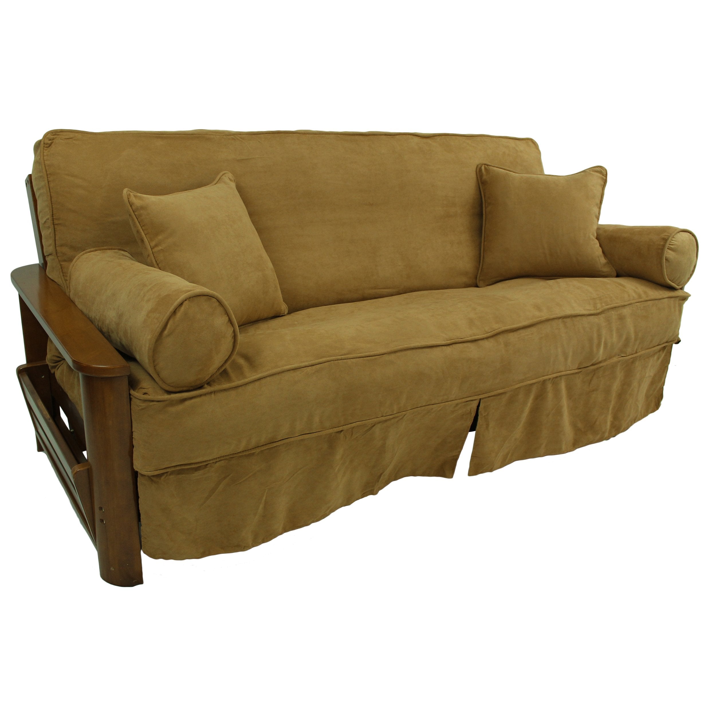 Blazing Needles Solid Microsuede Double Corded 8 to 9 Futon Slipcover Set with 4 Throw Pillows (Set of 5), Full, Camel