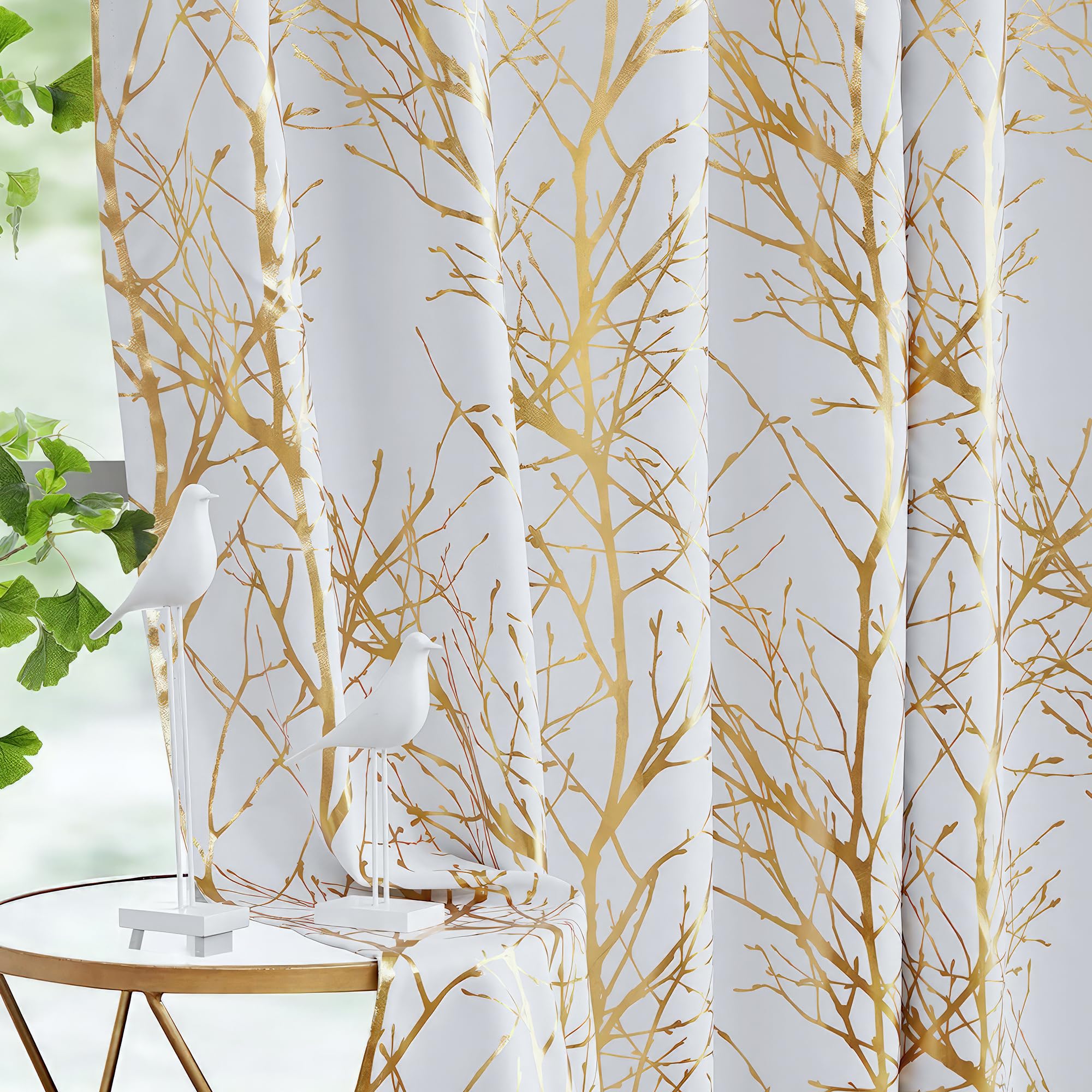 Fmfunctex 100% Blackout Curtains Gold White Branch Curtains for Bedroom, Curtains 45 Inch Length Thermal Insulated Drapes for Sm
