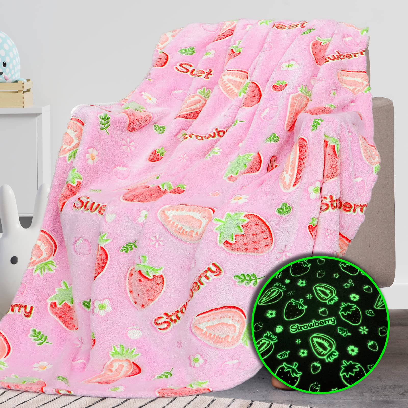 REXEO Flannel Throw Blanket, 50 x 60in, Glow in The Dark, Fluorescent Strawberry, Lightweight, Fiber Plush, for Girls Kids, Birt