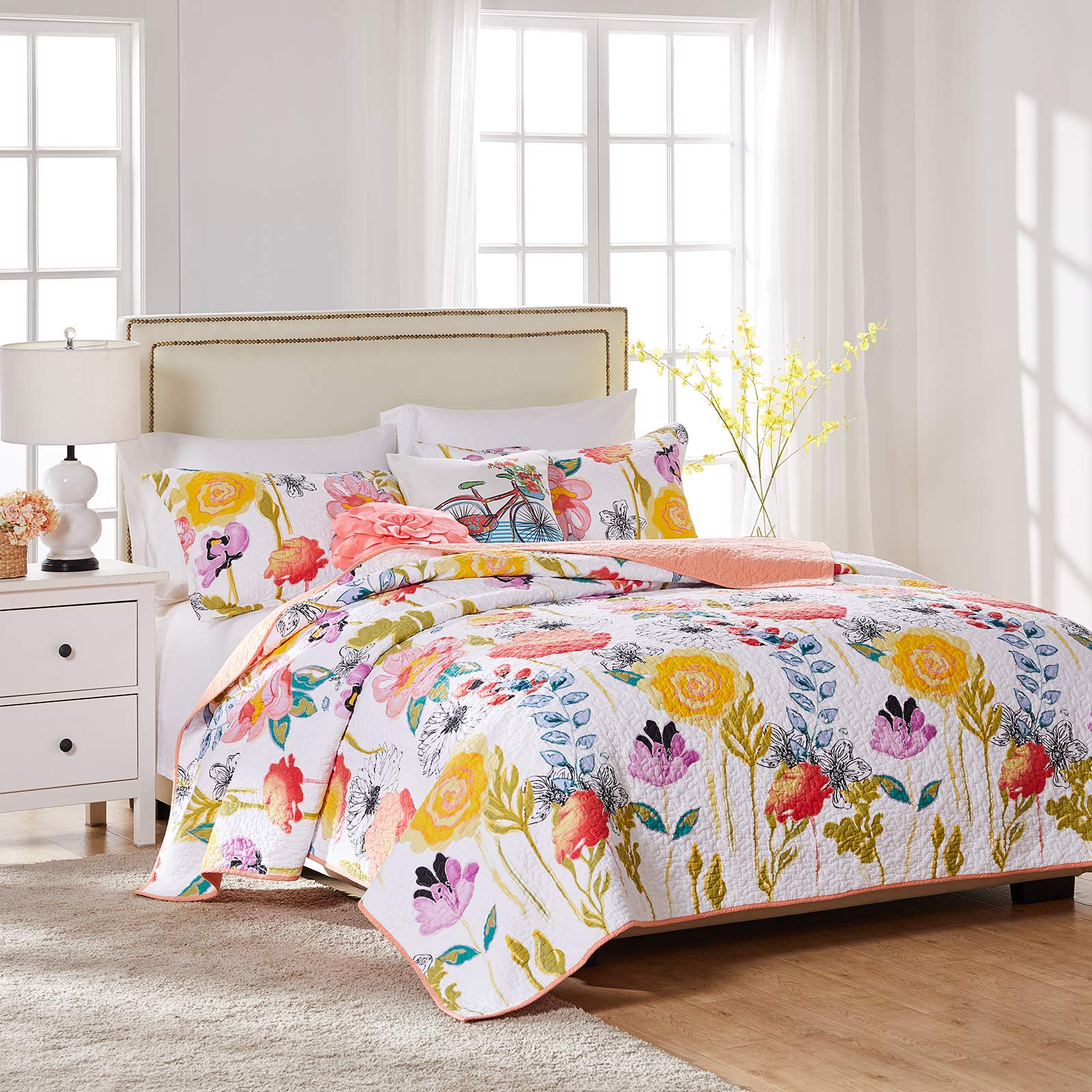 Greenland Home - GL-1408AMSQ Watercolor Dream Quilt Set, 3-Piece Full/Queen, White