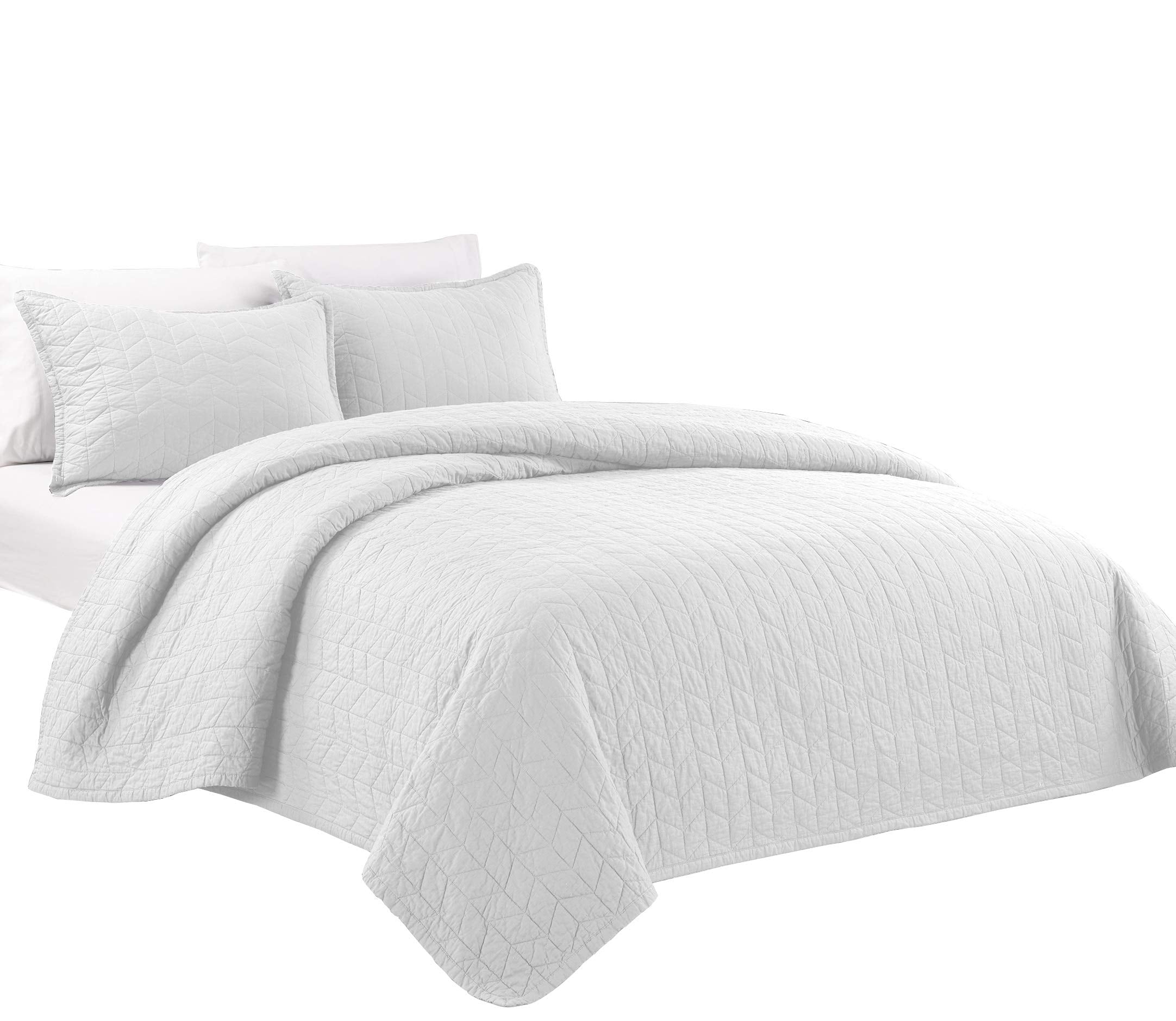 Chezmoi Collection Madrid 3-Piece Vintage Washed Solid Cotton Quilt and Shams Set (Queen, White)