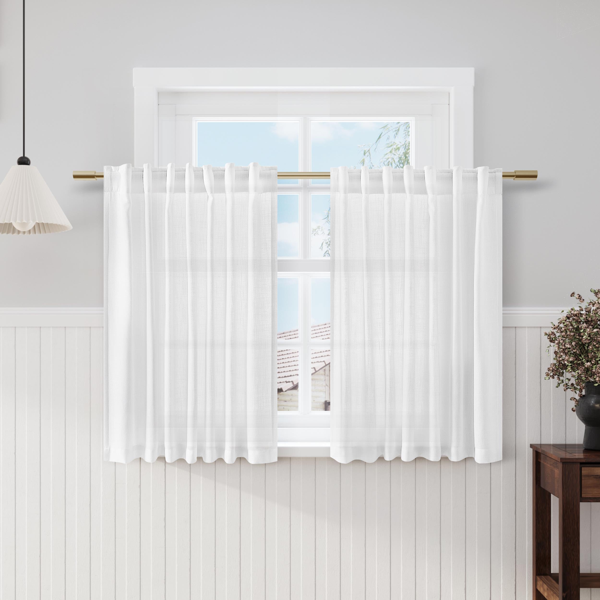 Nanspring White Cafe Curtains 48 Inch Length Set 2 Panel Back Tab Pocket Semi Sheer Short Linen White Curtain Tiers for Small Ba
