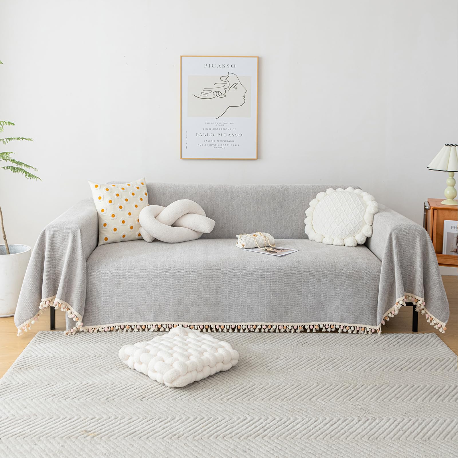 HANDONTIME Grey Sofa Cover for Couch Boho Couch Cover for 3 Seat Couch Dog Couch Cover Love Seat Couch Covers Light Grey Sofa Se