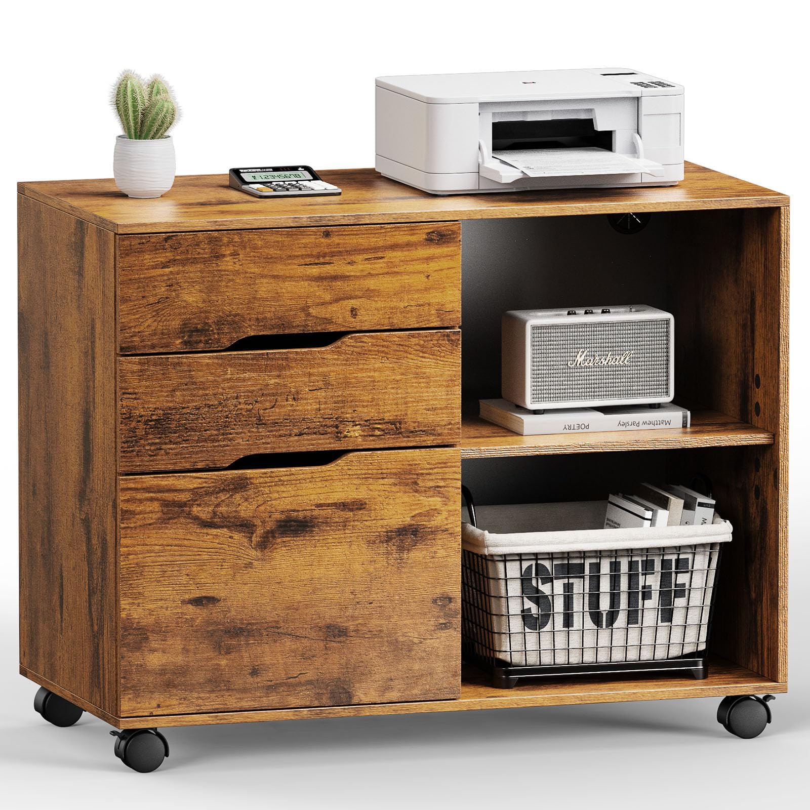 DUMOS Lateral File Cabinet with 3 Drawers Rolling Filing Cabinets Under Desk Storage Printer Stand Wood Organizer with Wheels Ad