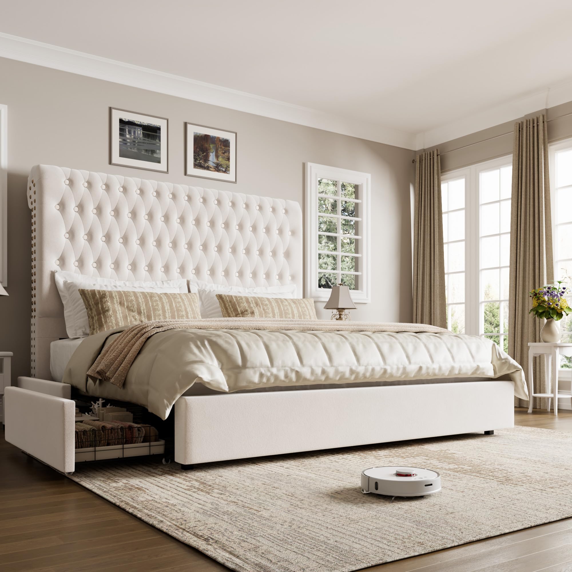 Queen Size Bed Frame 55 Tall Headboard with Gorgeous Button Tufted and Nail, Velvet Fabric Upholstered Bed Frame includes 4 Unde