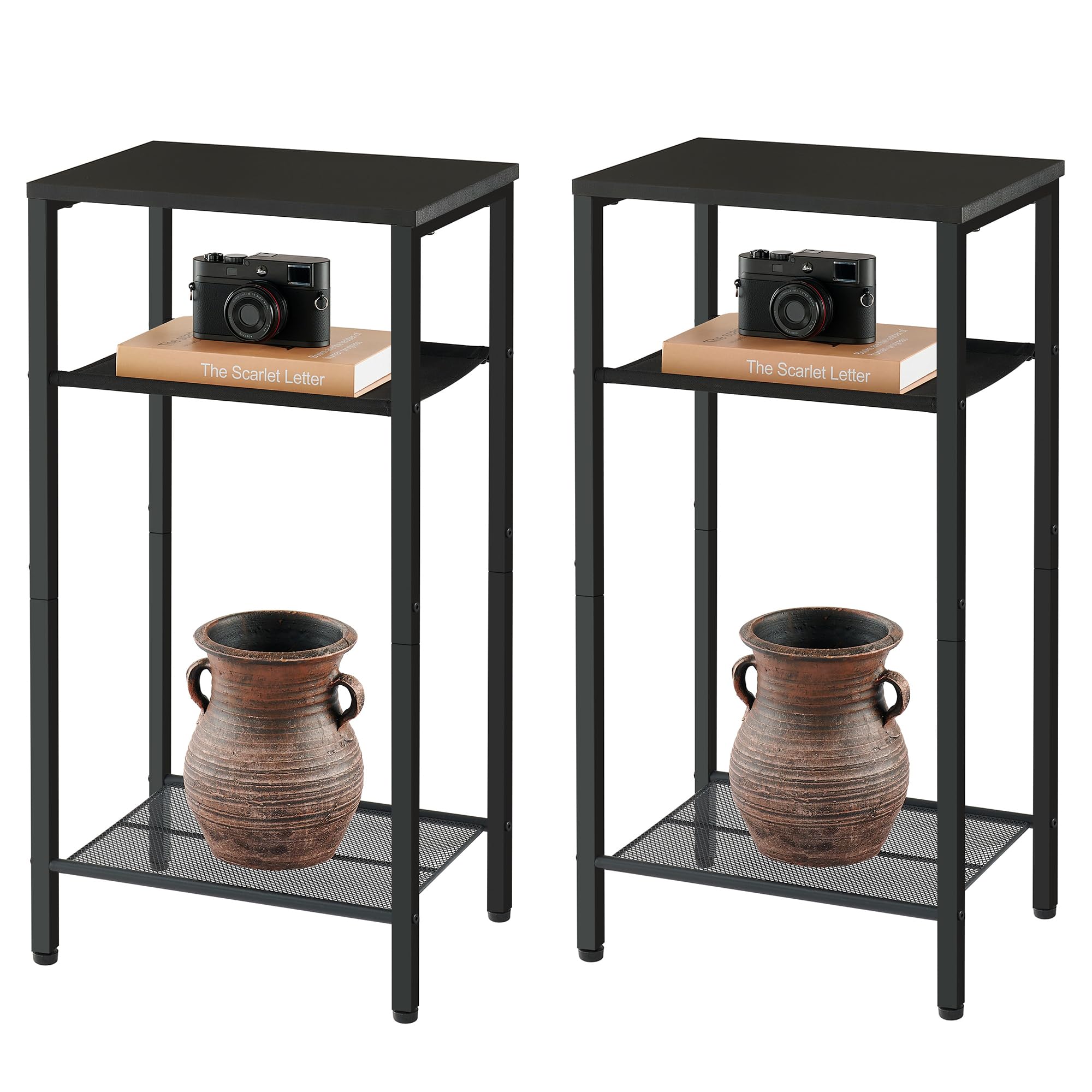 Hoctieon 2-Set 3 Tier End Table, Telephone Table Set of 2, Tall Side Table with Storage Set of 2, Small Nightstand for Small Spa