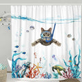 Fowocu Funny Cat Extra Long Shower Curtain Set Teal Blue Sea Ocean Waterproof Fabric Shower Curtains with Animal Octopus Starfis