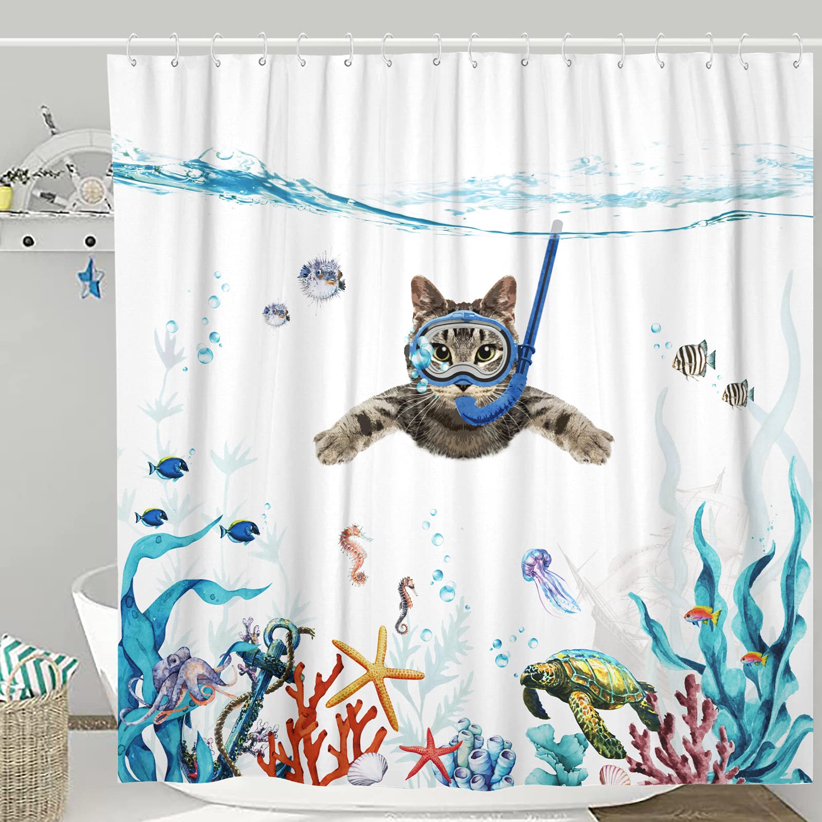 Fowocu Funny Cat Extra Long Shower Curtain Set Teal Blue Sea Ocean Waterproof Fabric Shower Curtains with Animal Octopus Starfis
