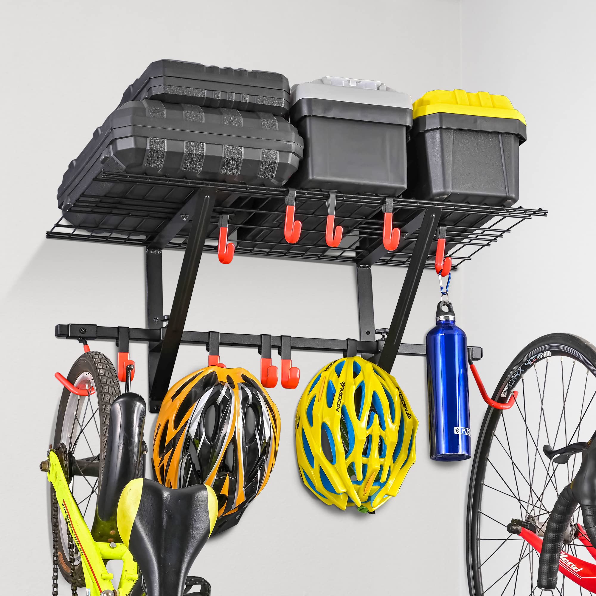 PLKOW Garage Wall Shelving 4-Pack Includes Bike Hooks, Sturdy Adjustable Garage Shelving Wall Mount Garage Wall Organizer (Black