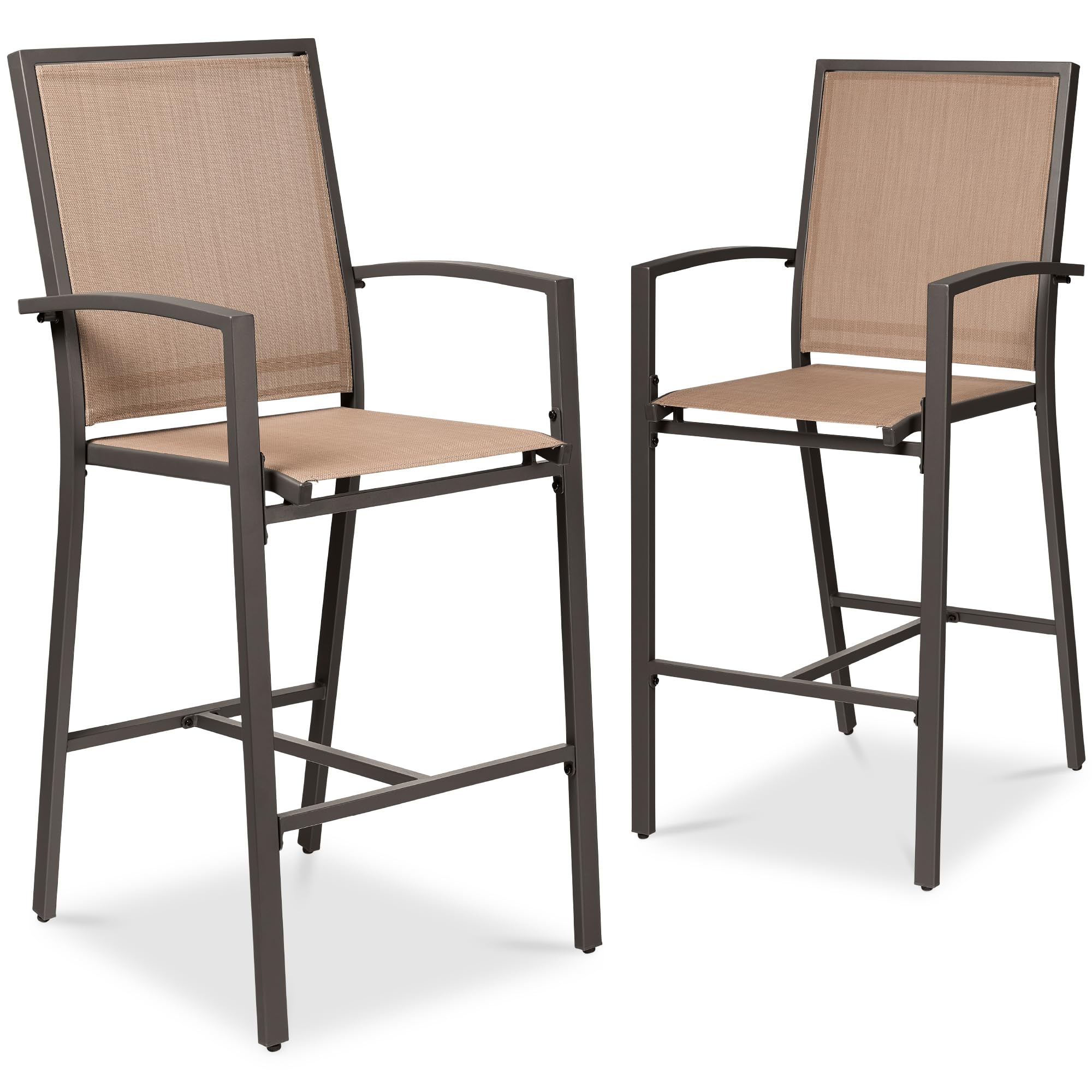 Best Choice Products Outdoor Bar Stools Set of 2, Bar Height, Patio Furniture, All Weather Mesh Design w/Armrest - Brown/Light B