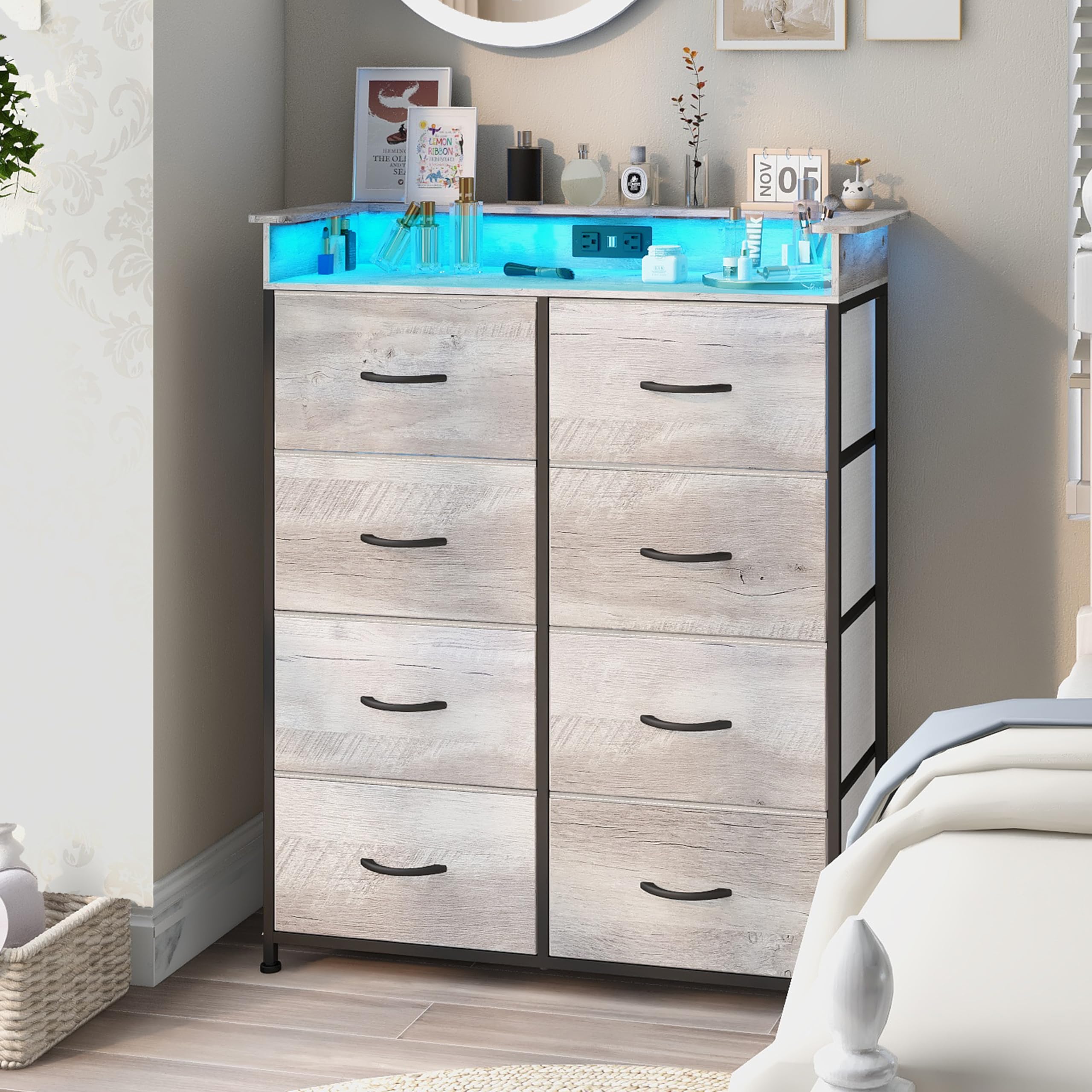 Welfuturer Dresser for Bedroom with Charing Station Grey Dresser with LED Lights Tall Dresser with 8 Drawers Storage Tower for C