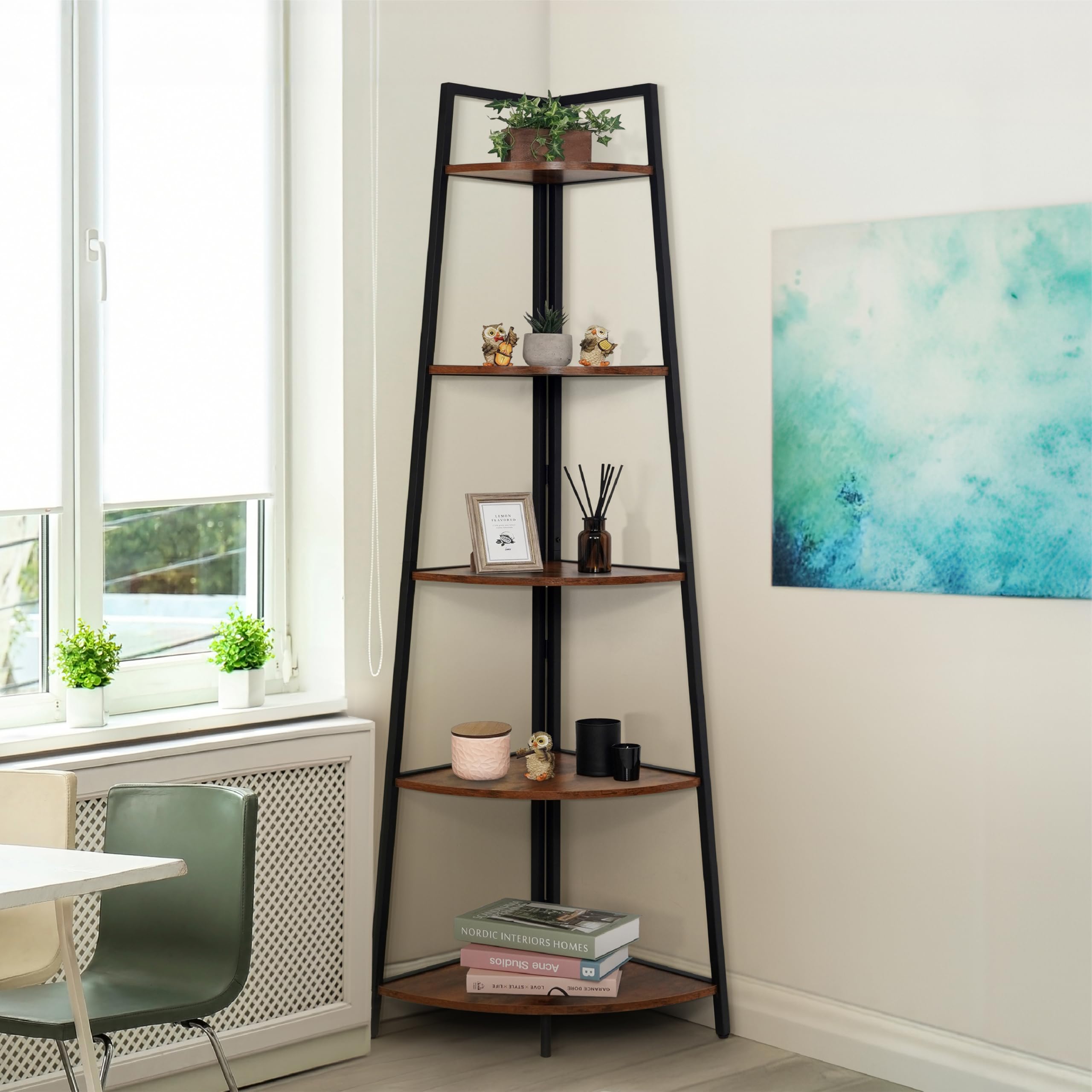 CAPHAUS Tall Corner Shelf Stand, 5-Tier Display Shelves, Ladder Corner Wood Storage Plant Bookshelf with Metal Frame, Versatile 