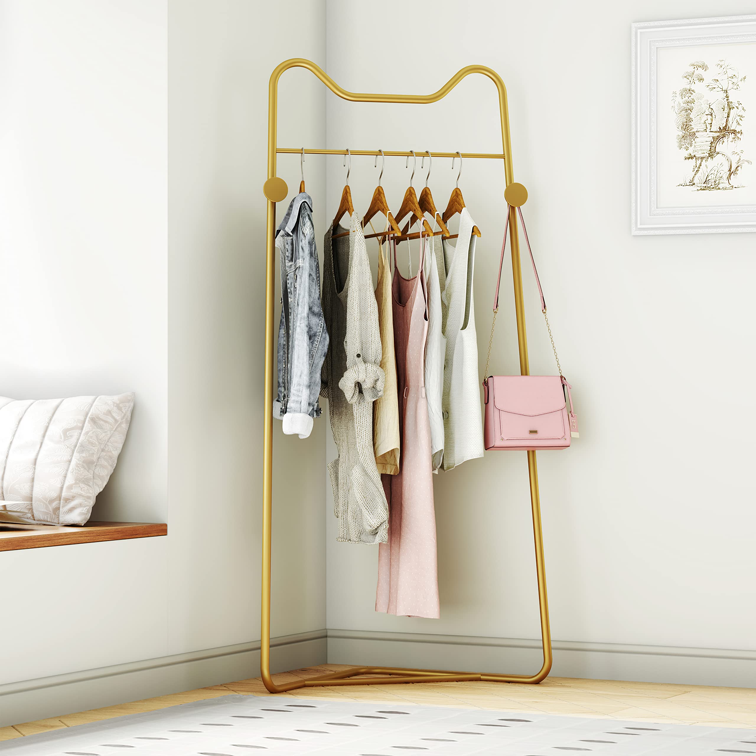 HKaikzo Gold Metal Corner Coat Rack, Modern Clothing Rack Hall Tree with 2 Hooks for Clothes Hat Scarf, Freestanding Clothes Rac