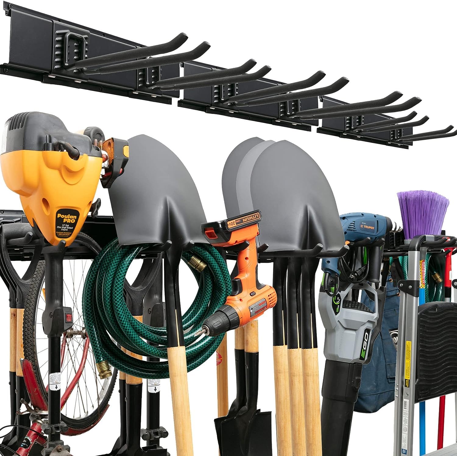 TIDYME Garage Tool Organizer Wall Mount - Sturdy Storage Rack with Adjustable Hooks, Stud Spacing Compliance - 300lbs Capacity -