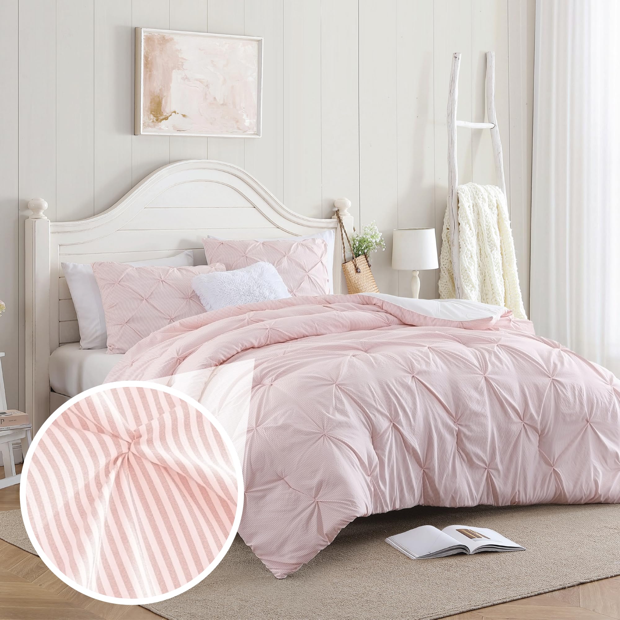 Swift Home King Pinstripe Peach Pink Comforter Set - Classic Pintuck Bedding Set - 3 Pieces Bed Linen, 1 Comforter and 2 Pillow 
