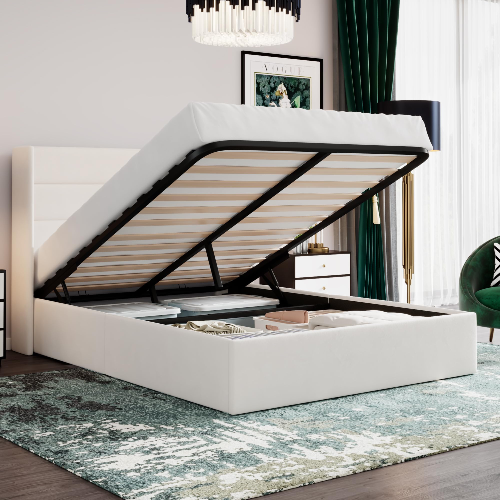 SHA CERLIN Queen Size Lift Up Storage Bed/Velvet Upholstered/Modern Wingback Headboard/Upholstered Platform Bed Frame/Hydraulic 