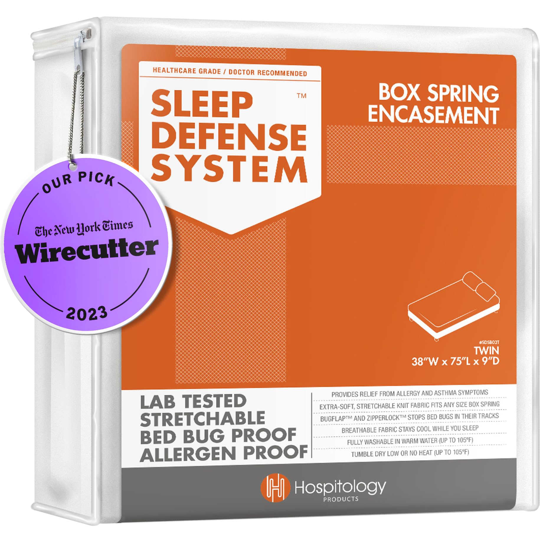 HOSPITOLOGY PRODUCTS Box Spring Encasement - Zippered Bed Bug Dust Mite Proof Hypoallergenic - Sleep Defense System - Twin -38 W