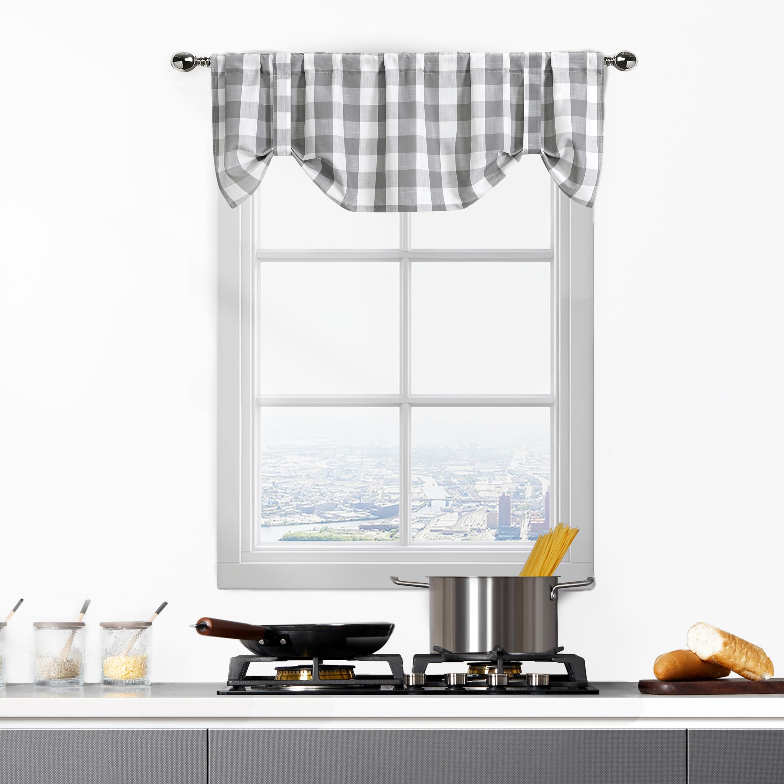 Bapawfish Grey and White Buffalo Plaid Tie Up Valance Curtains, Buffalo Check Farmhouse Retro Adjustable Tie-Up Shades Window Tr