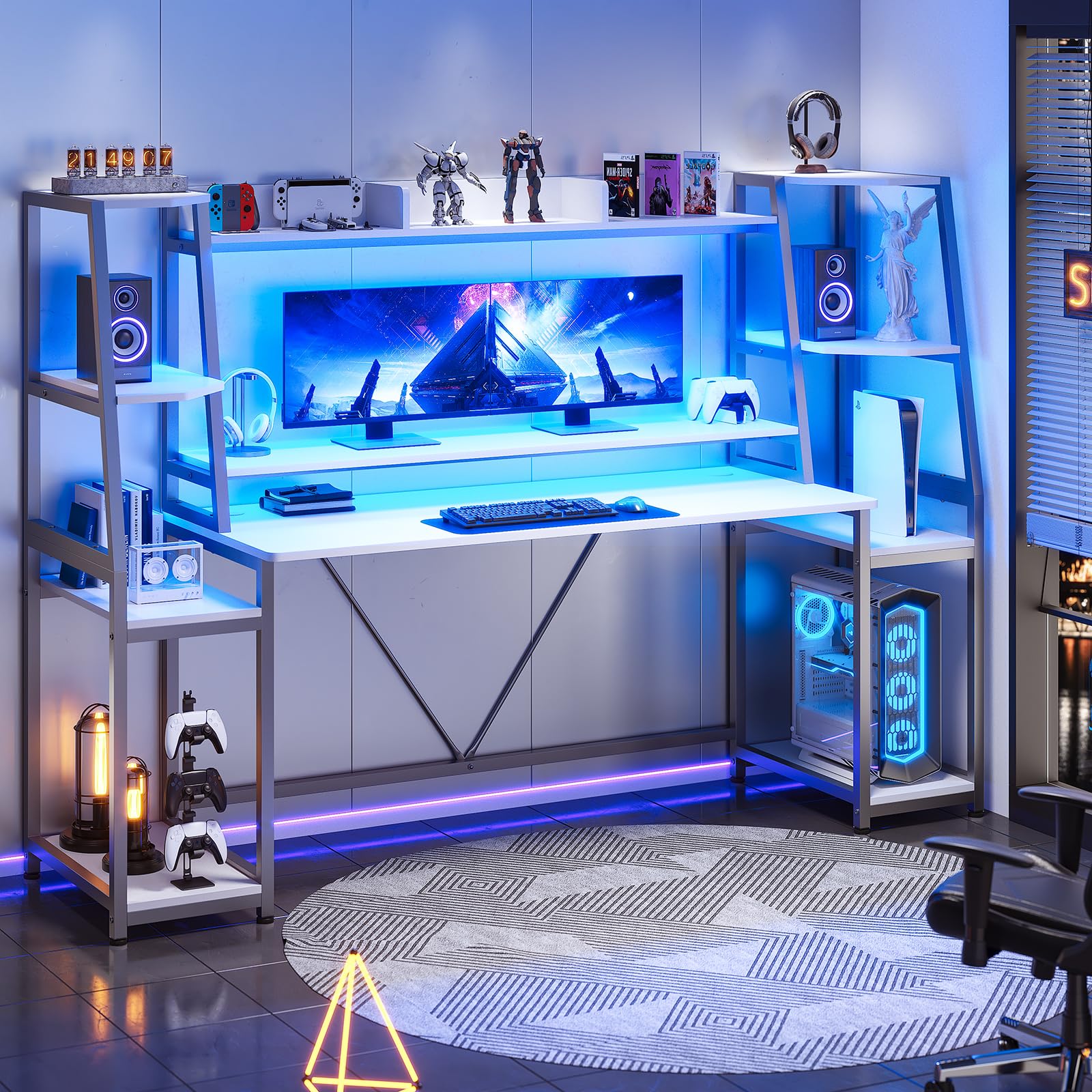 SEDETA White Gaming Desk 78.8 with LED Lights, Hutch and Storage Shelves, Computer Desk with Monitor Stand, Large PC Gamer Des