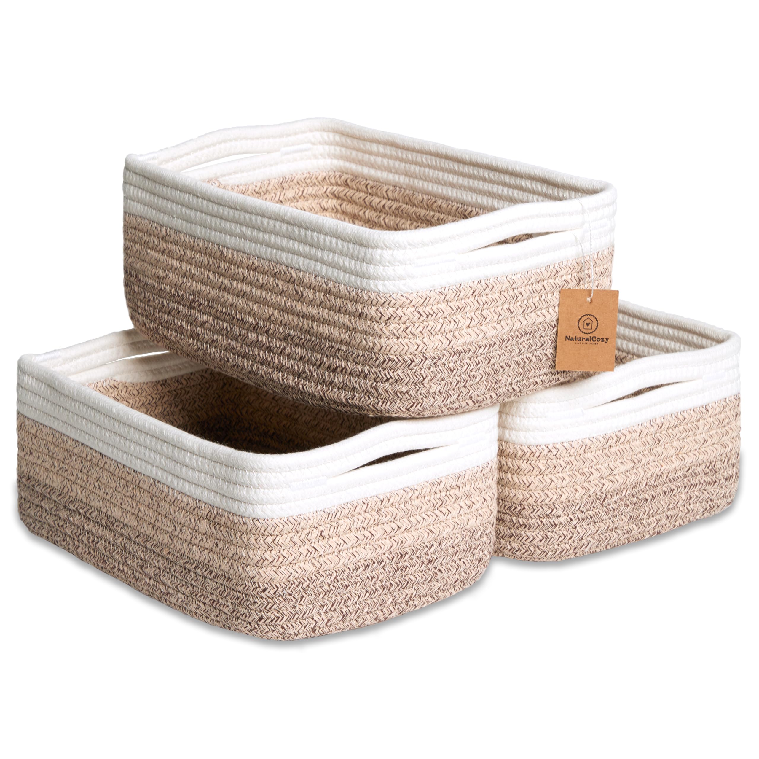 NaturalCozy 11.8x8x4.5    Storage Baskets for Shelves 3 Pack | Cotton Rope Woven Small Baskets for Organizing | Small Storage Bi