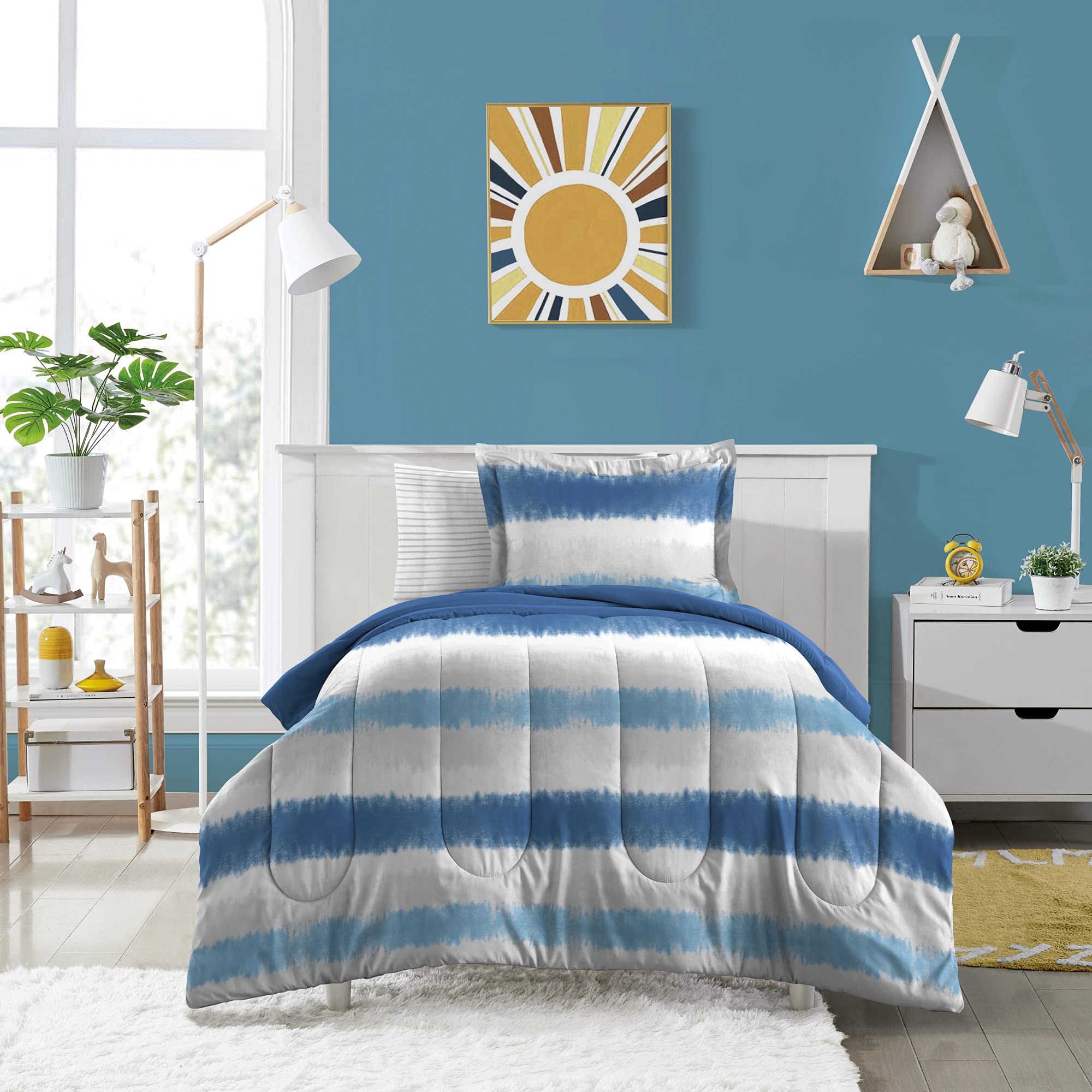 dream FACTORY Kids 5-Piece Complete Bed Set Easy-Wash Super Soft Microfiber Comforter Bedding, Twin, Blue Tie Dye Stripe,2D87290