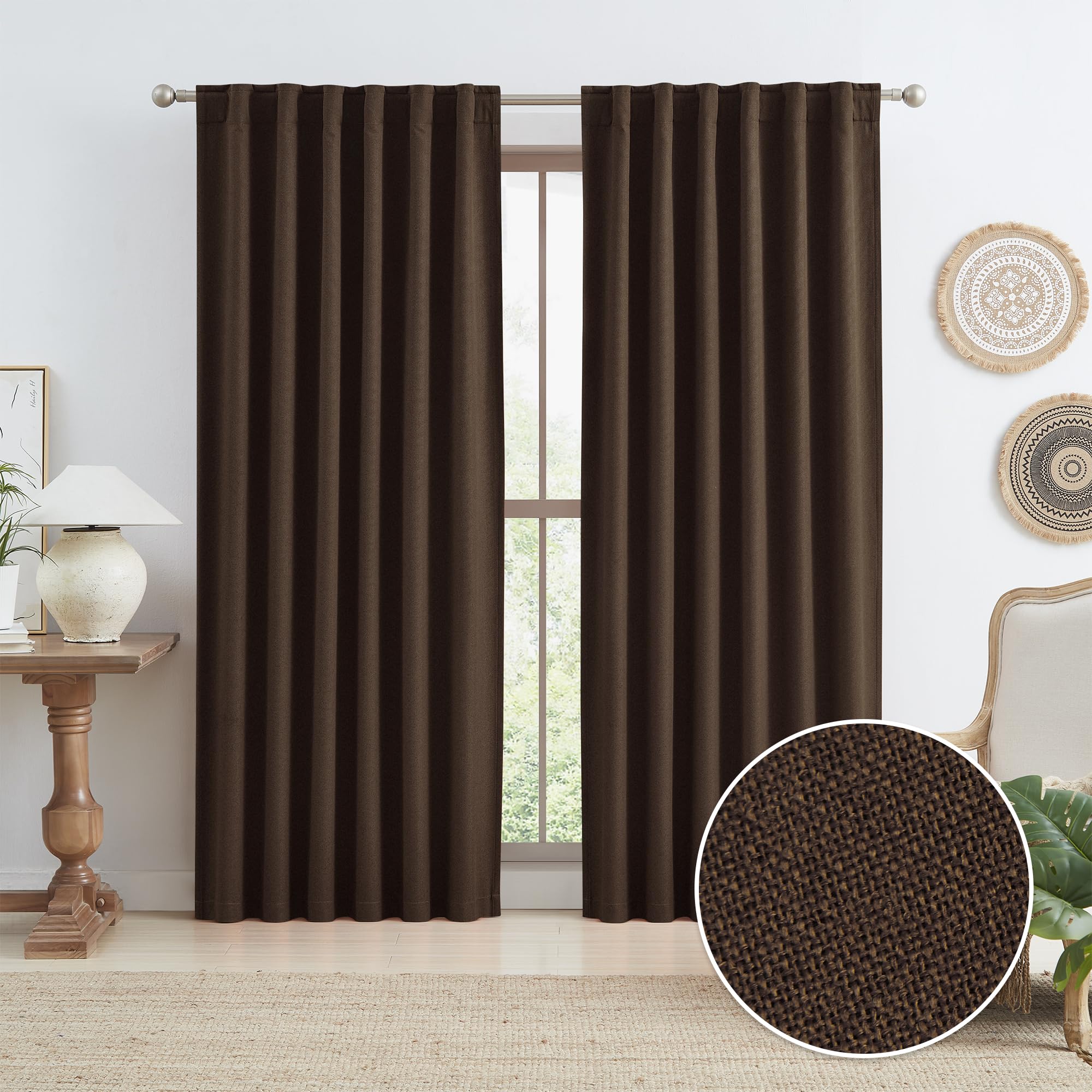 KEQIAOSUOCAI 90 Inch Linen Blackout Curtains 2 Panels Set, 100% Black Out Thermal Insulated Canvas Look Curtain Drapes Chocolate